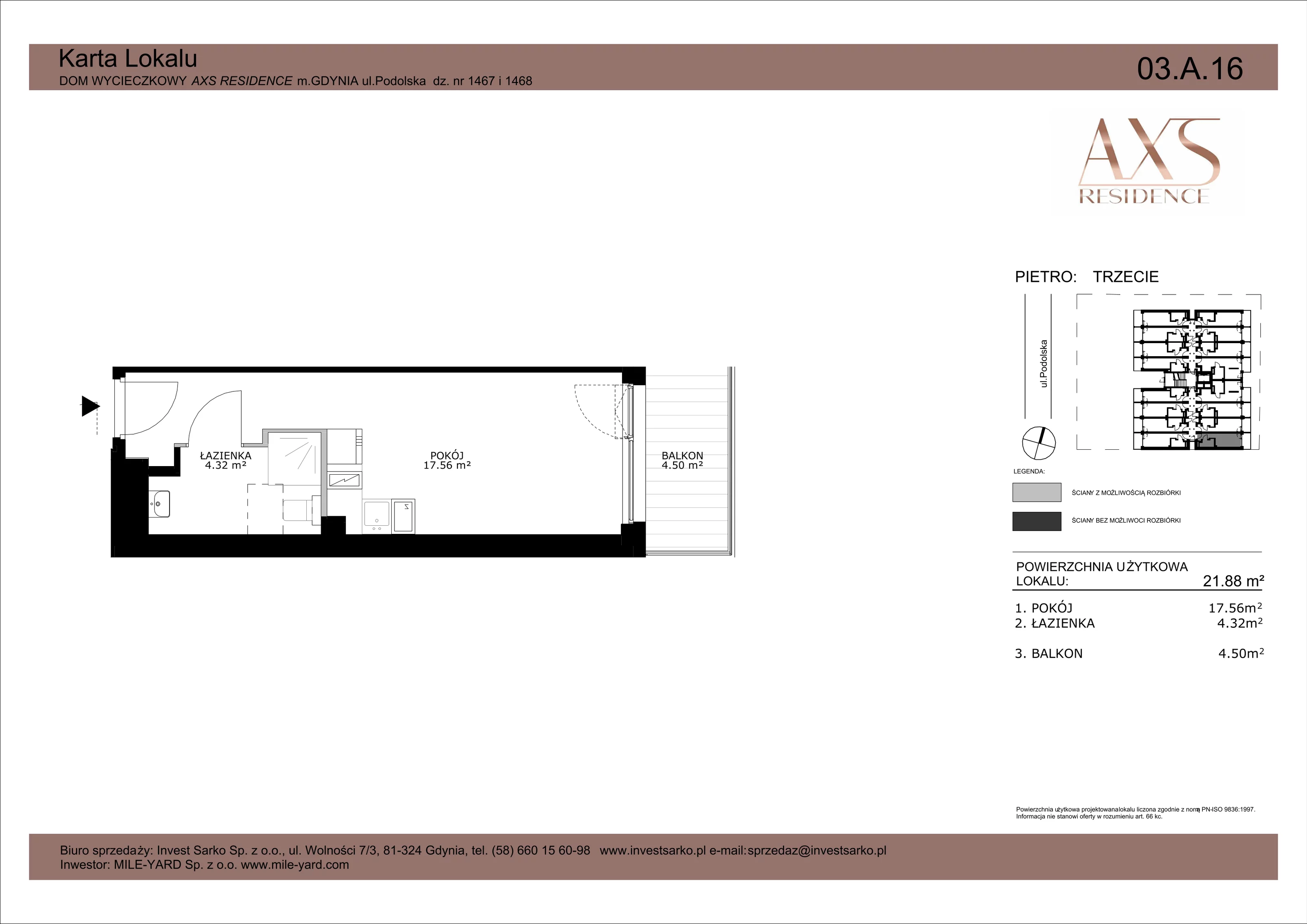 1 pokój, apartament inwestycyjny 21,88 m², piętro 3, oferta nr 03 A 16, AXS Residence, Gdynia, Działki Leśne, Działki Leśne, ul. Podolska
