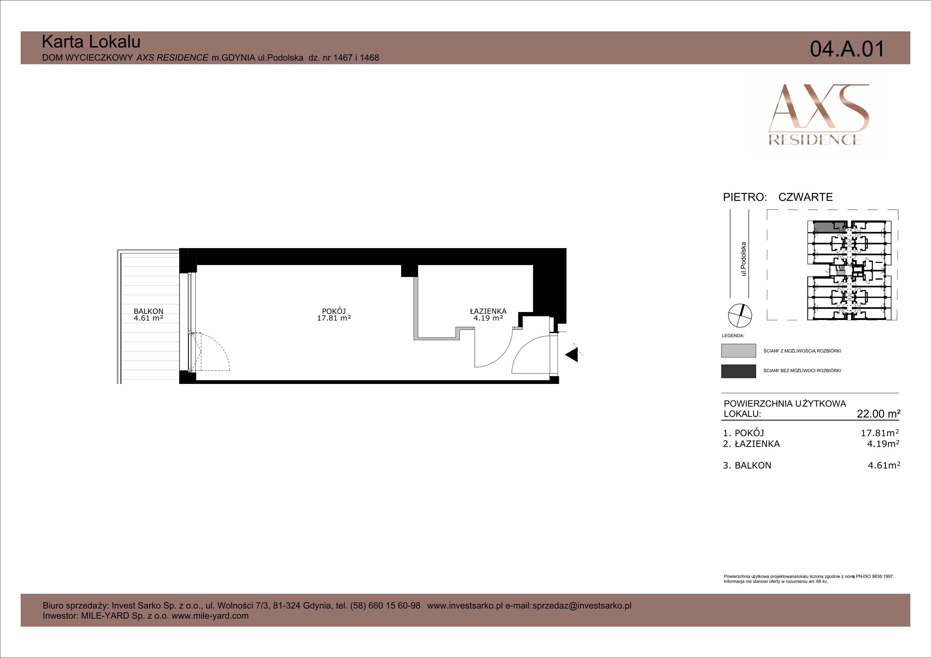 1 pokój, apartament inwestycyjny 22,00 m², piętro 4, oferta nr 04 A 01, AXS Residence, Gdynia, Działki Leśne, Działki Leśne, ul. Podolska