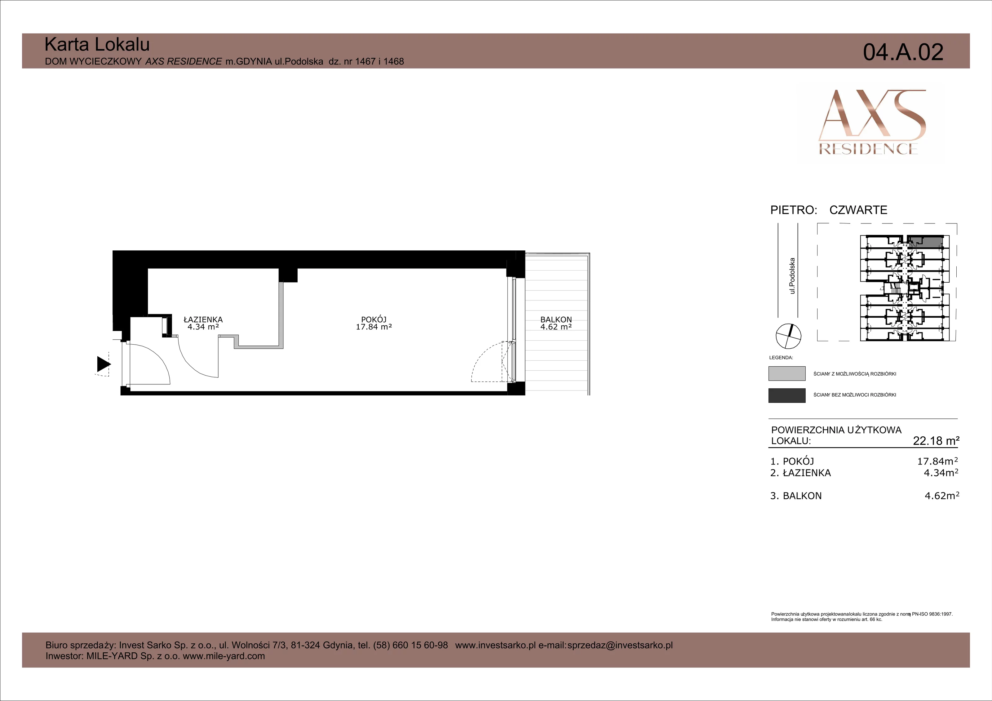 1 pokój, apartament inwestycyjny 22,18 m², piętro 4, oferta nr 04 A 02, AXS Residence, Gdynia, Działki Leśne, Działki Leśne, ul. Podolska