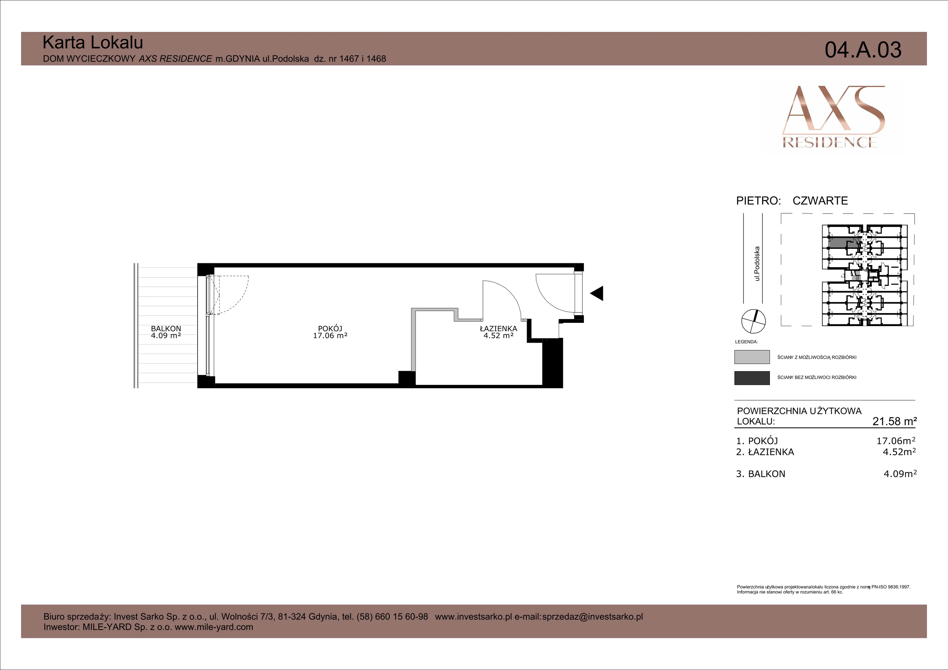 1 pokój, apartament inwestycyjny 21,58 m², piętro 4, oferta nr 04 A 03, AXS Residence, Gdynia, Działki Leśne, Działki Leśne, ul. Podolska