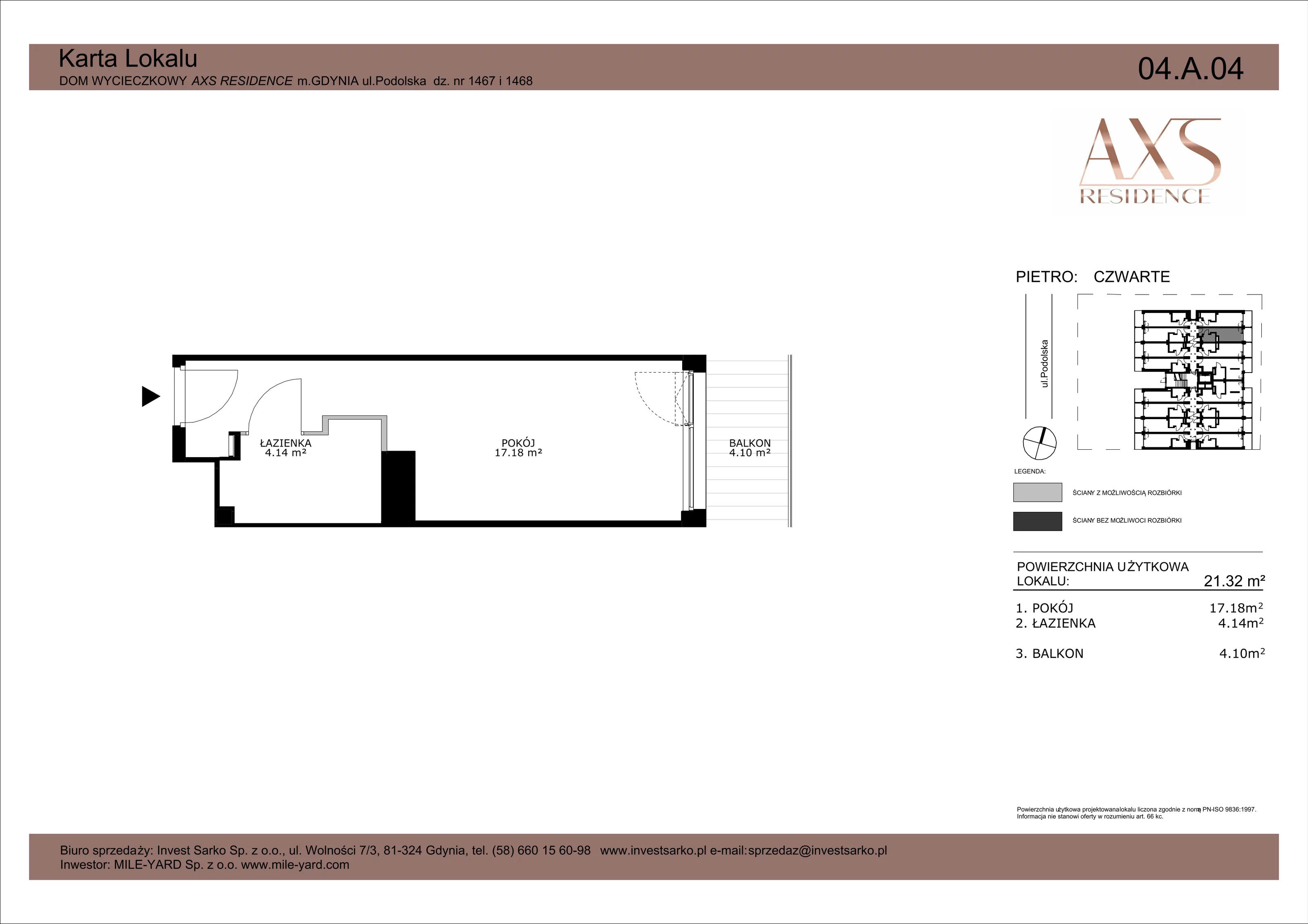 Apartament inwestycyjny 21,32 m², piętro 4, oferta nr 04 A 04, AXS Residence, Gdynia, Działki Leśne, Działki Leśne, ul. Podolska