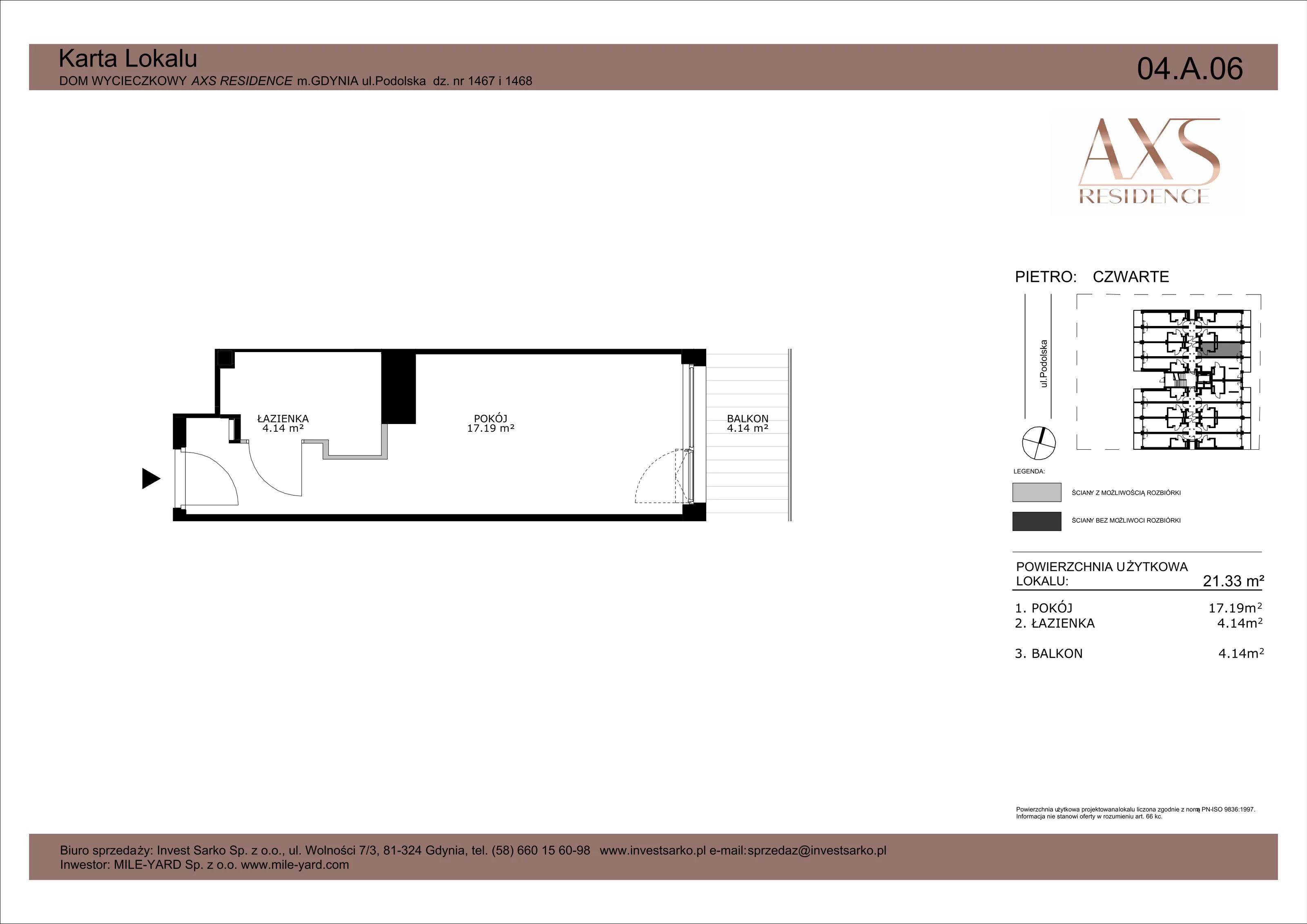 Apartament inwestycyjny 21,33 m², piętro 4, oferta nr 04 A 06, AXS Residence, Gdynia, Działki Leśne, Działki Leśne, ul. Podolska