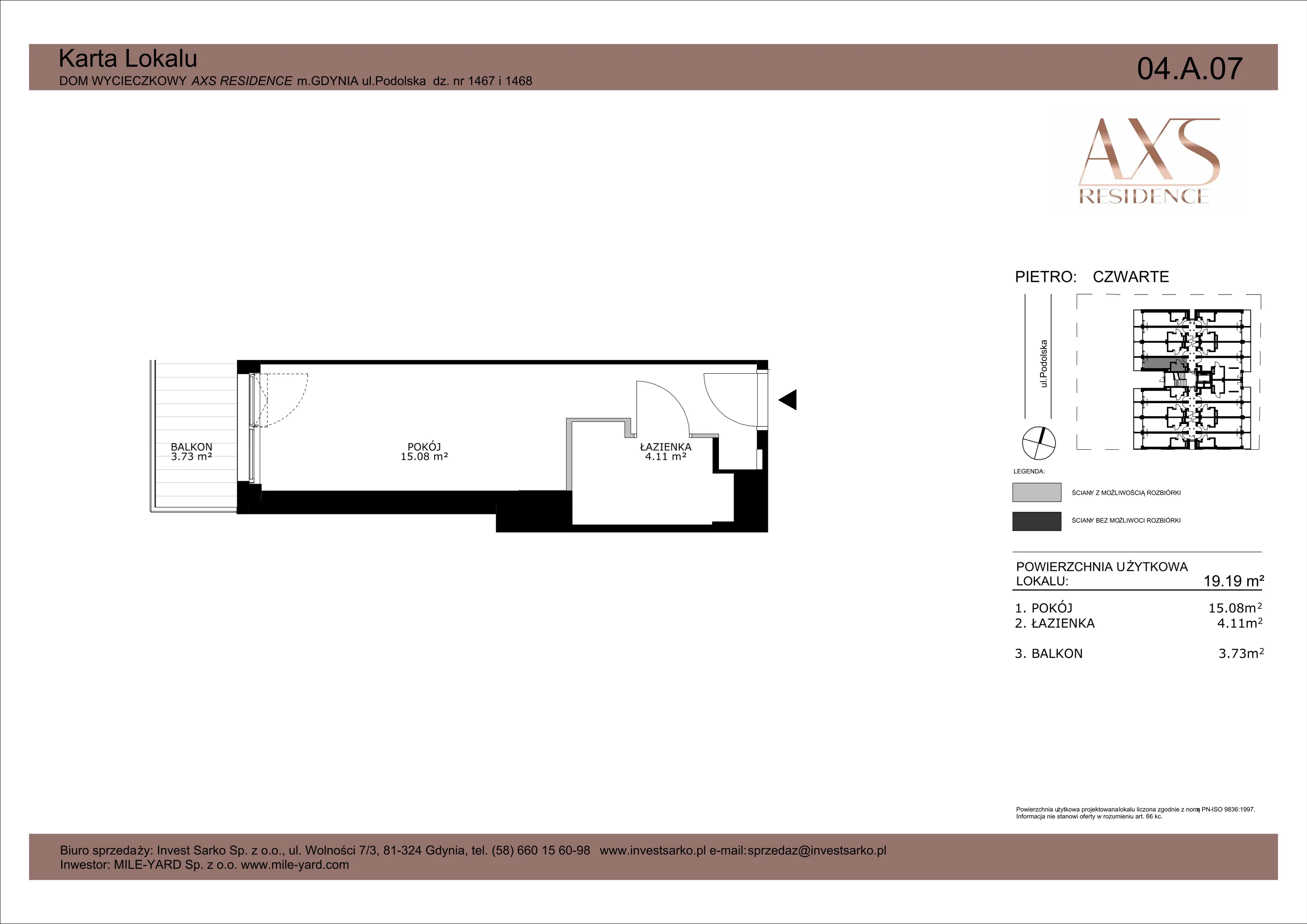 Apartament inwestycyjny 19,19 m², piętro 4, oferta nr 04 A 07, AXS Residence, Gdynia, Działki Leśne, Działki Leśne, ul. Podolska