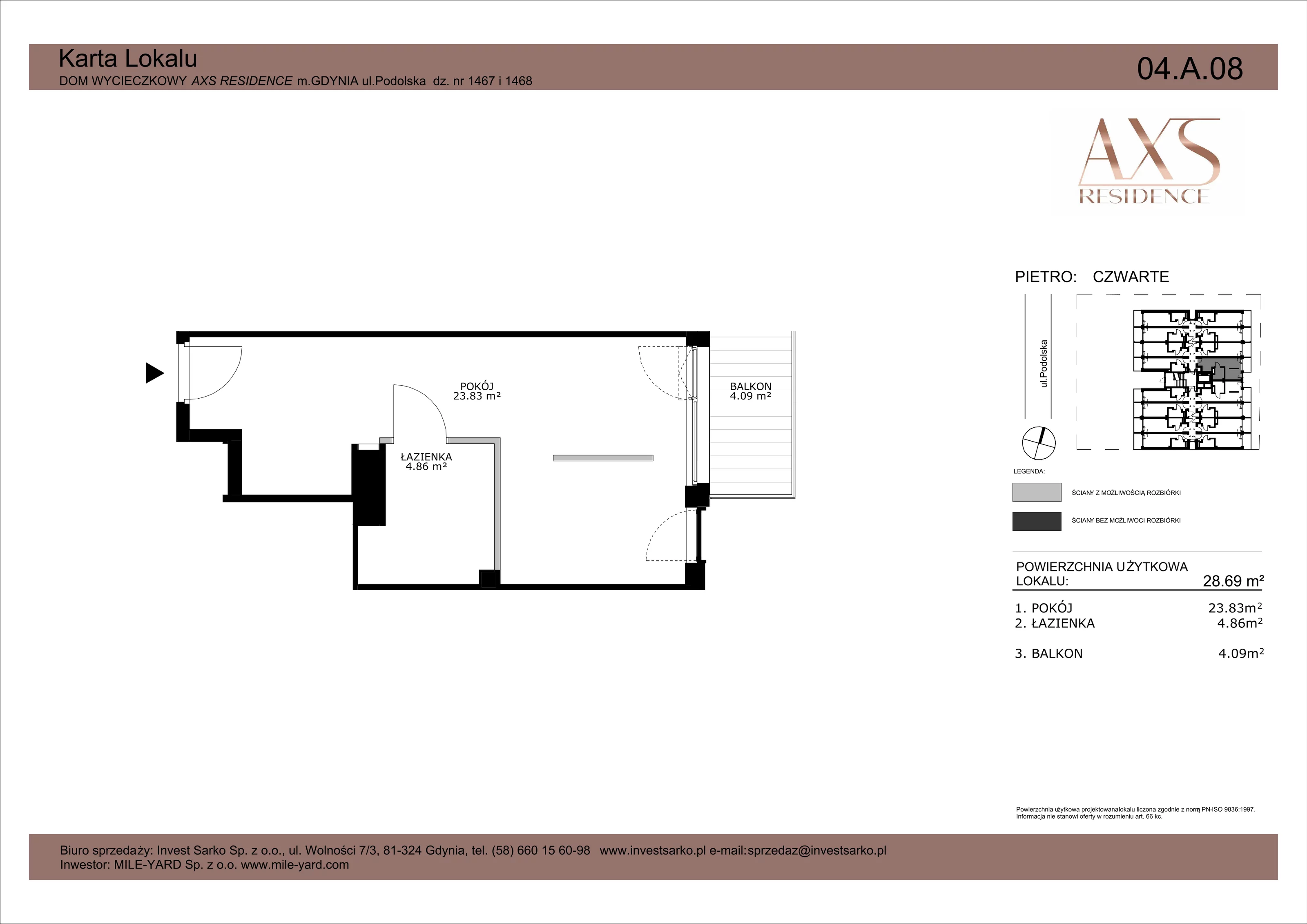 1 pokój, apartament inwestycyjny 28,69 m², piętro 4, oferta nr 04 A 08, AXS Residence, Gdynia, Działki Leśne, Działki Leśne, ul. Podolska