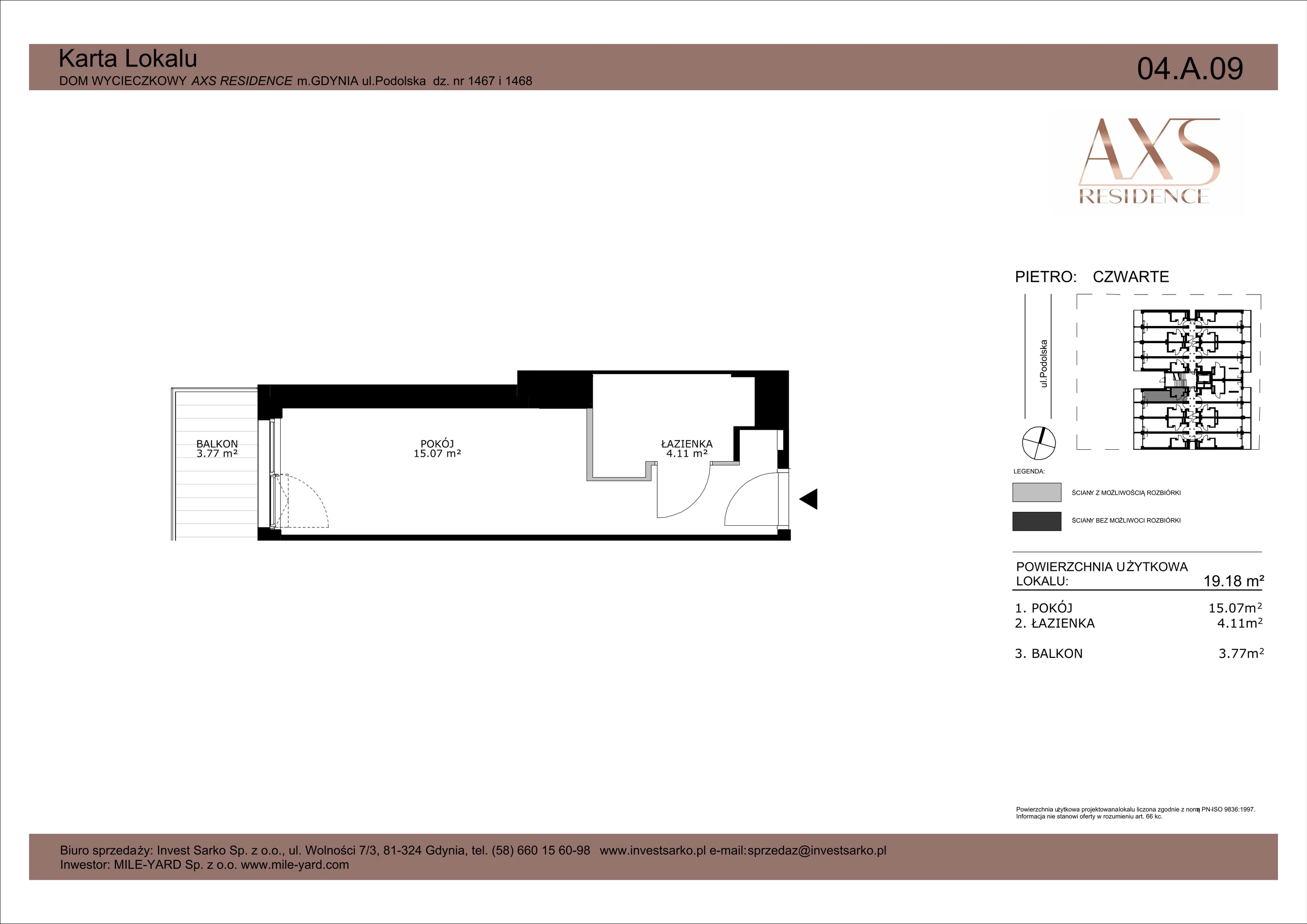 Apartament inwestycyjny 19,18 m², piętro 4, oferta nr 04 A 09, AXS Residence, Gdynia, Działki Leśne, Działki Leśne, ul. Podolska