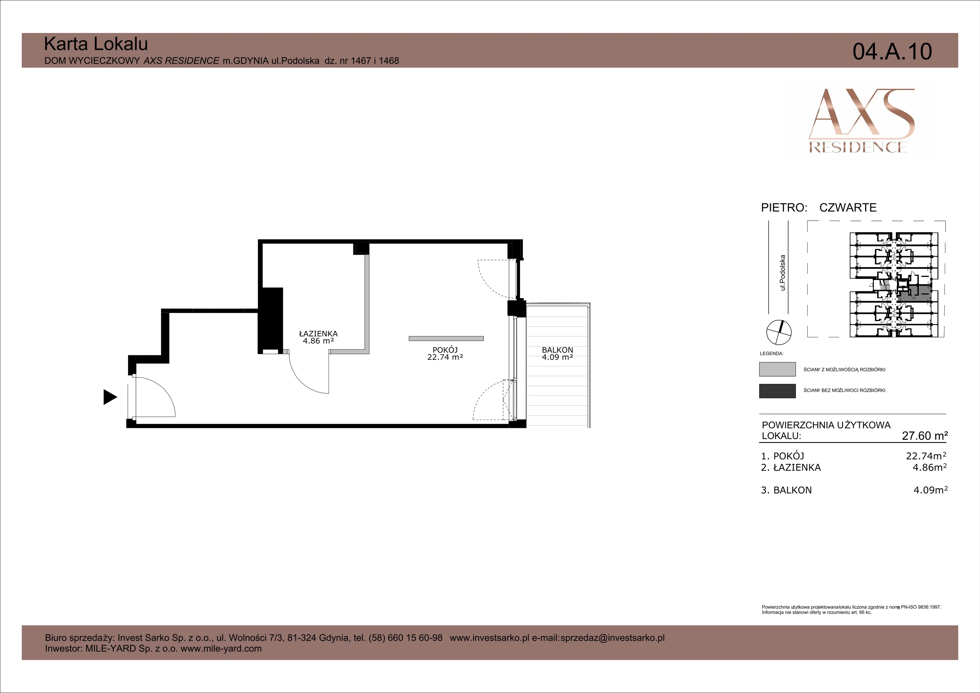 1 pokój, apartament inwestycyjny 27,60 m², piętro 4, oferta nr 04 A 10, AXS Residence, Gdynia, Działki Leśne, Działki Leśne, ul. Podolska