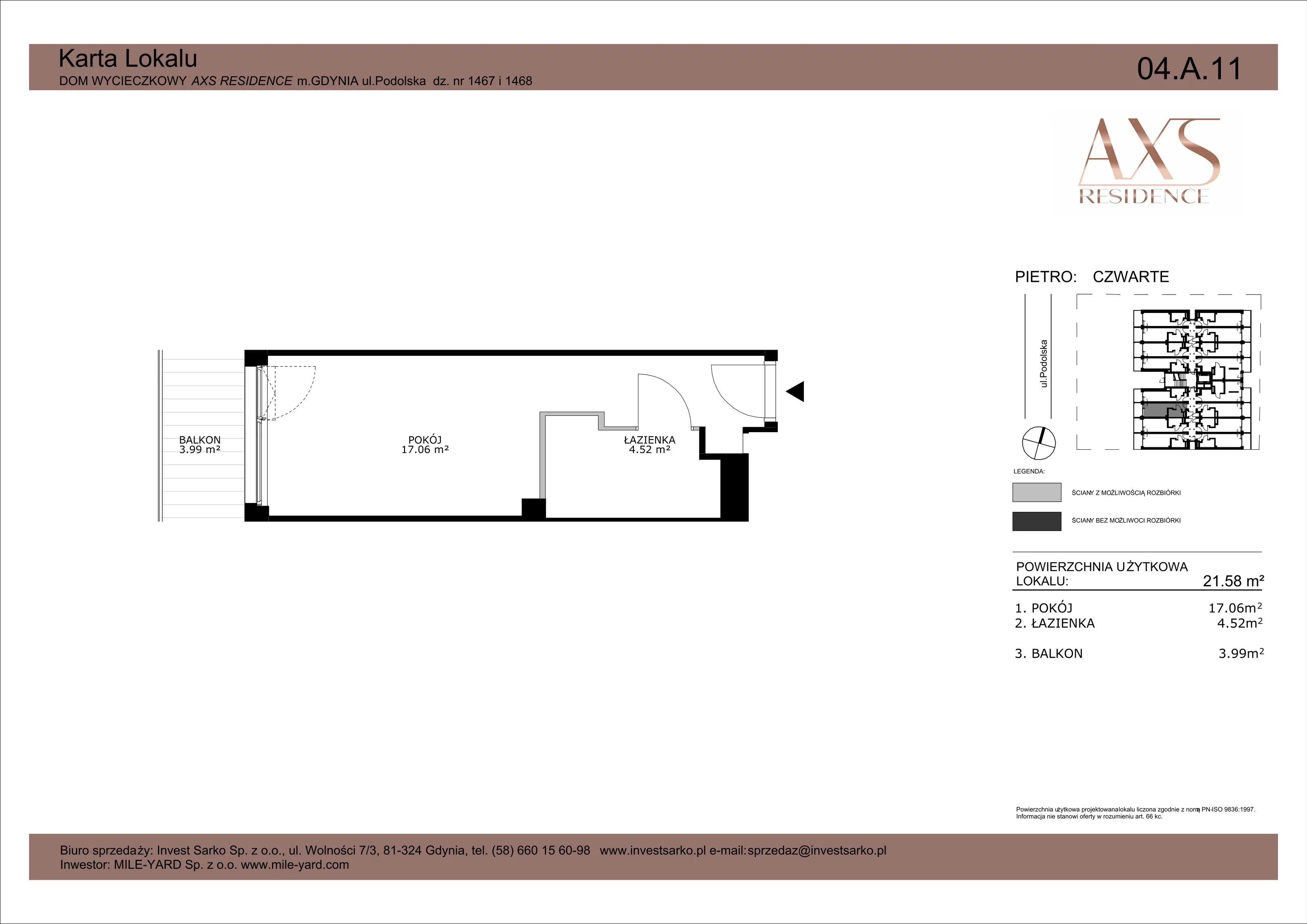 1 pokój, apartament inwestycyjny 21,58 m², piętro 4, oferta nr 04 A 11, AXS Residence, Gdynia, Działki Leśne, Działki Leśne, ul. Podolska