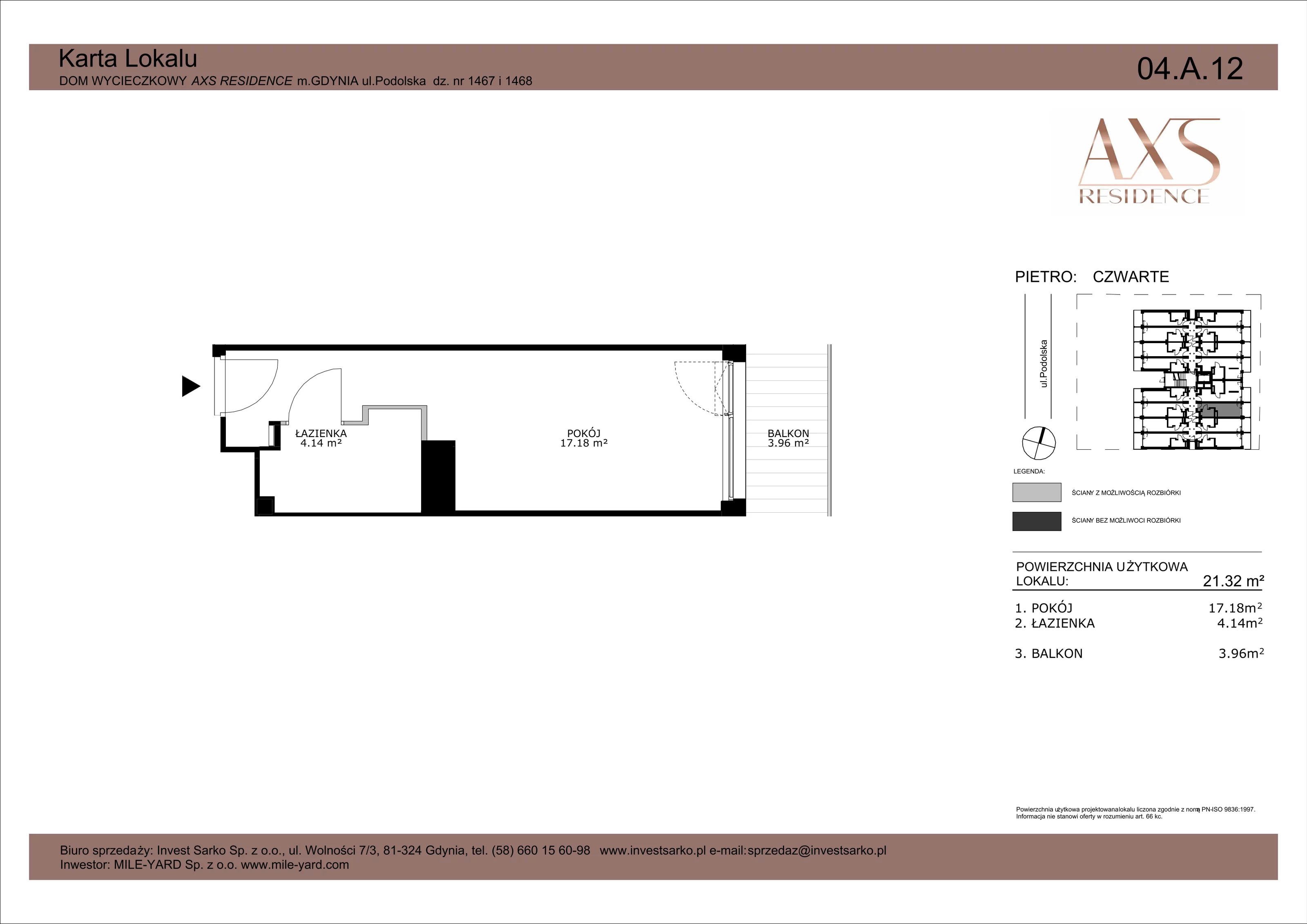 Apartament inwestycyjny 21,32 m², piętro 4, oferta nr 04 A 12, AXS Residence, Gdynia, Działki Leśne, Działki Leśne, ul. Podolska