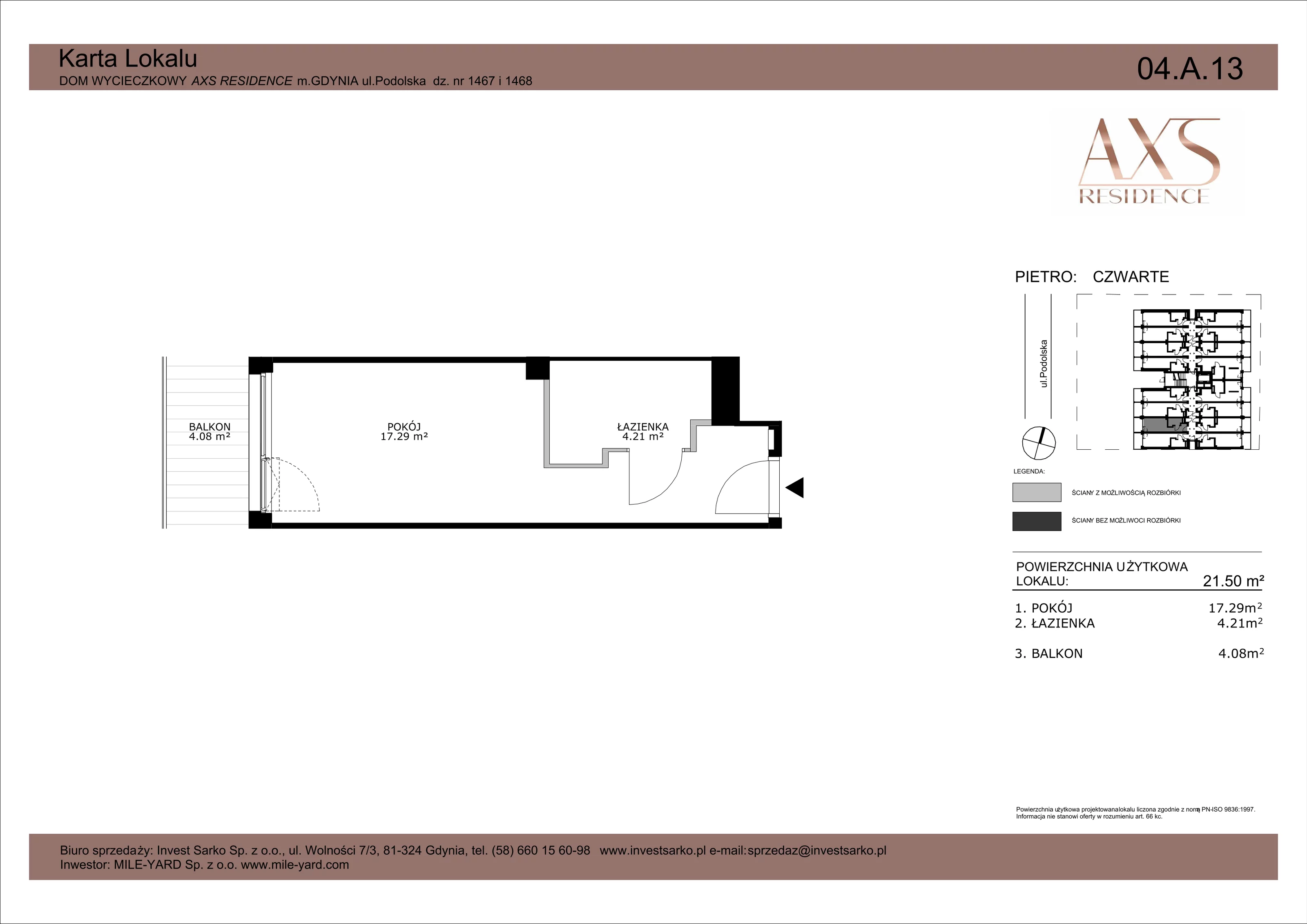 1 pokój, apartament inwestycyjny 21,50 m², piętro 4, oferta nr 04 A 13, AXS Residence, Gdynia, Działki Leśne, Działki Leśne, ul. Podolska