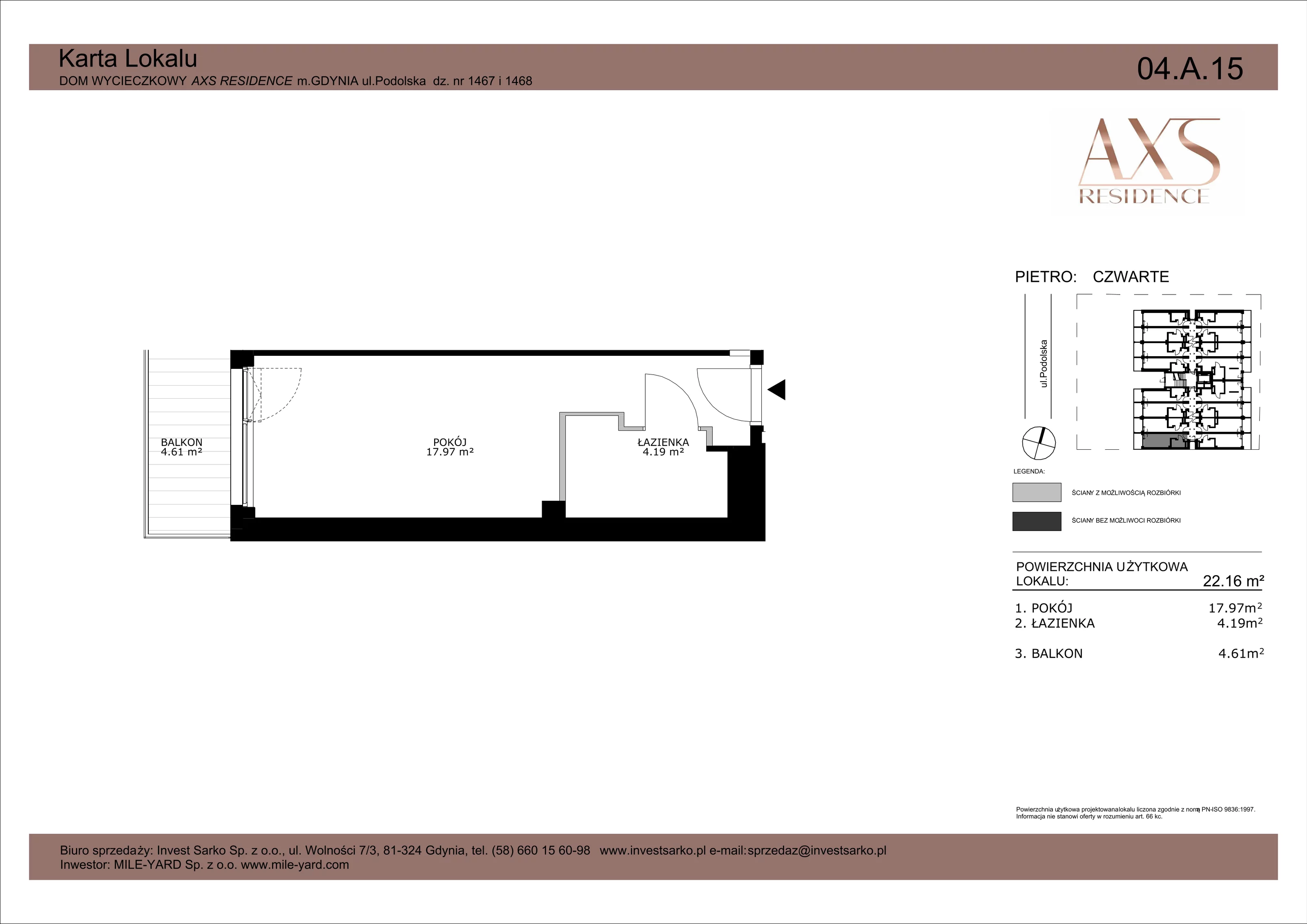 1 pokój, apartament inwestycyjny 22,16 m², piętro 4, oferta nr 04 A 15, AXS Residence, Gdynia, Działki Leśne, Działki Leśne, ul. Podolska