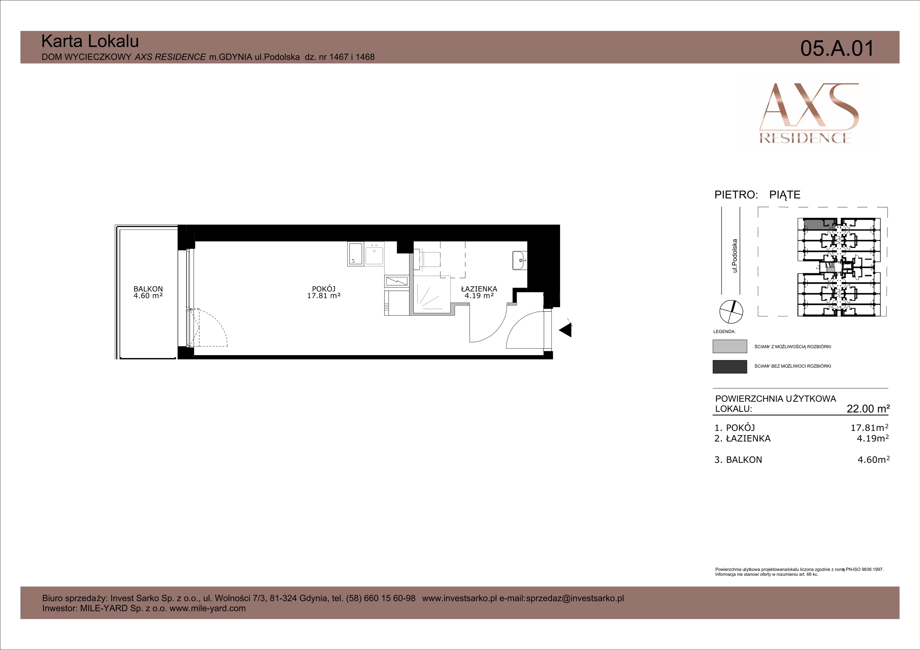 1 pokój, apartament inwestycyjny 22,00 m², piętro 5, oferta nr 05 A 01, AXS Residence, Gdynia, Działki Leśne, Działki Leśne, ul. Podolska