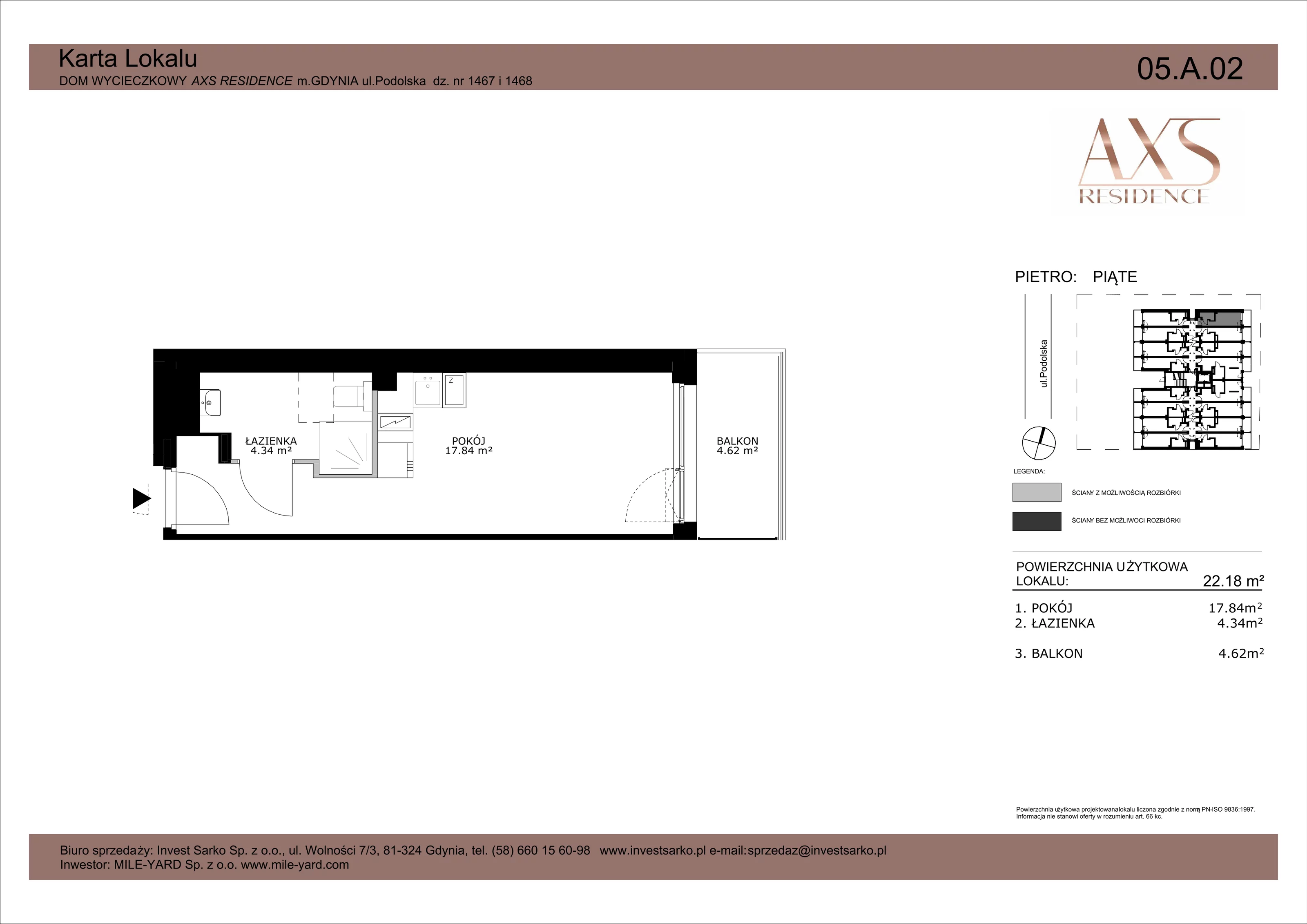 1 pokój, apartament inwestycyjny 22,18 m², piętro 5, oferta nr 05 A 02, AXS Residence, Gdynia, Działki Leśne, Działki Leśne, ul. Podolska