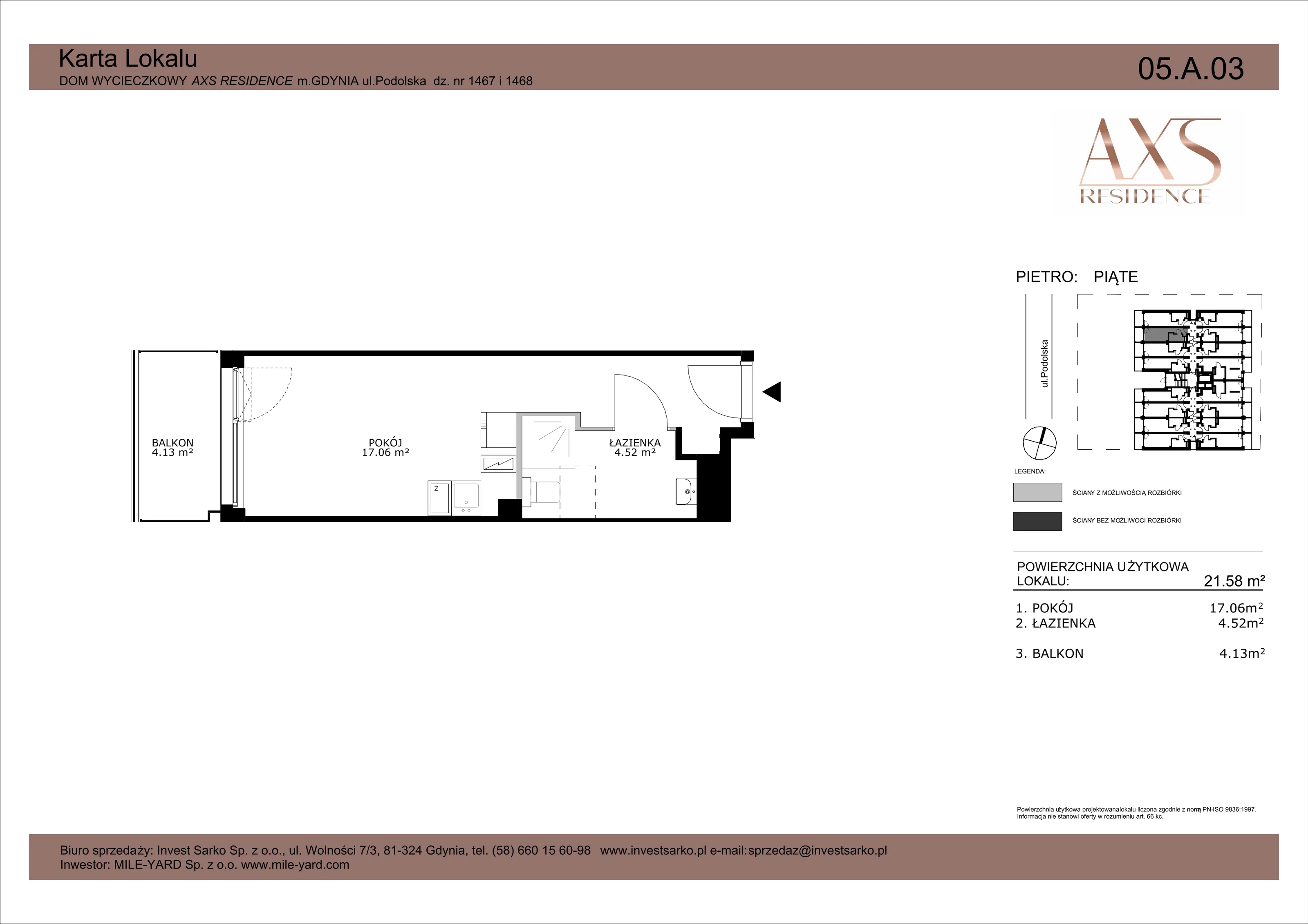 1 pokój, apartament inwestycyjny 21,58 m², piętro 5, oferta nr 05 A 03, AXS Residence, Gdynia, Działki Leśne, Działki Leśne, ul. Podolska