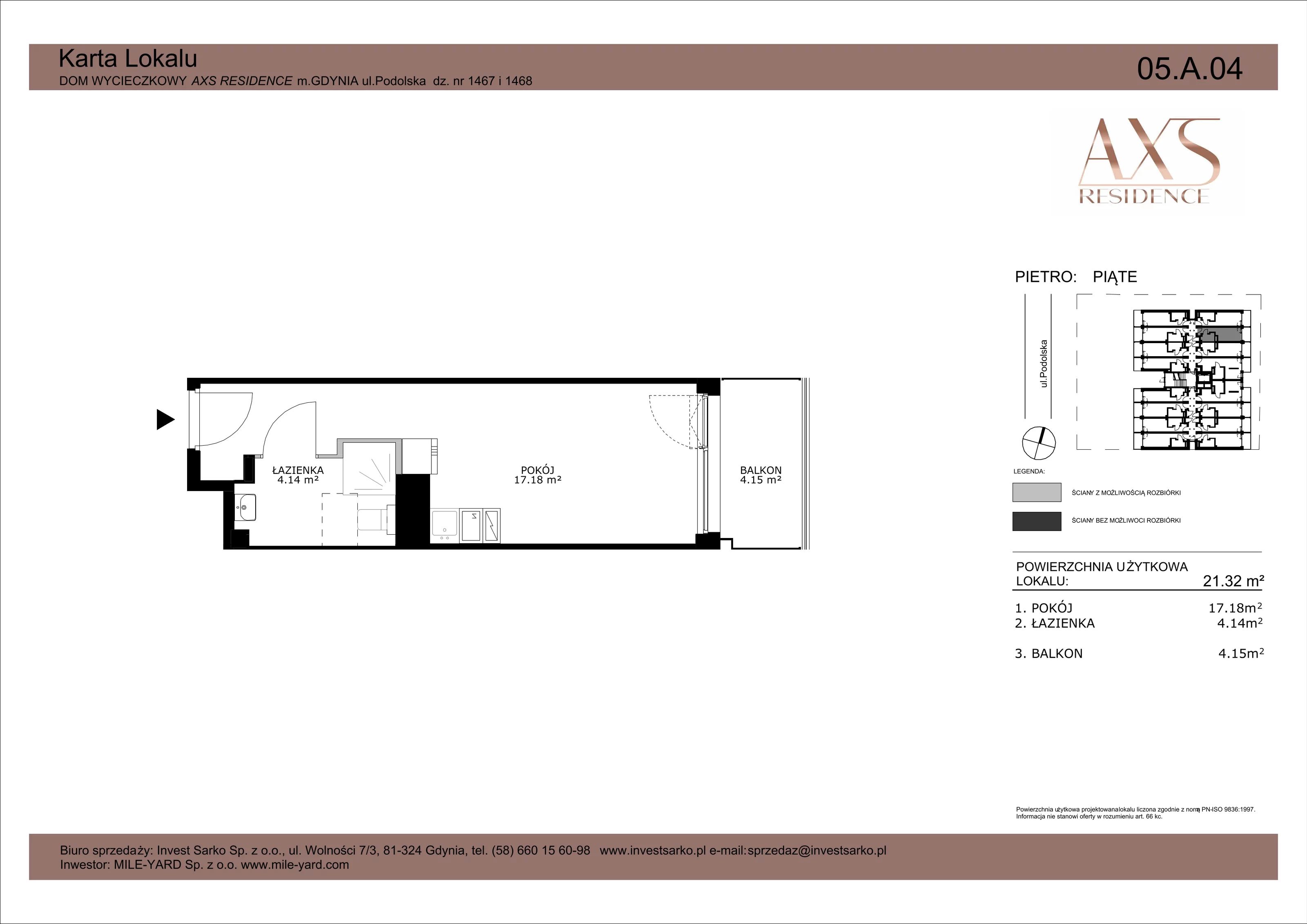 Apartament inwestycyjny 21,32 m², piętro 5, oferta nr 05 A 04, AXS Residence, Gdynia, Działki Leśne, Działki Leśne, ul. Podolska