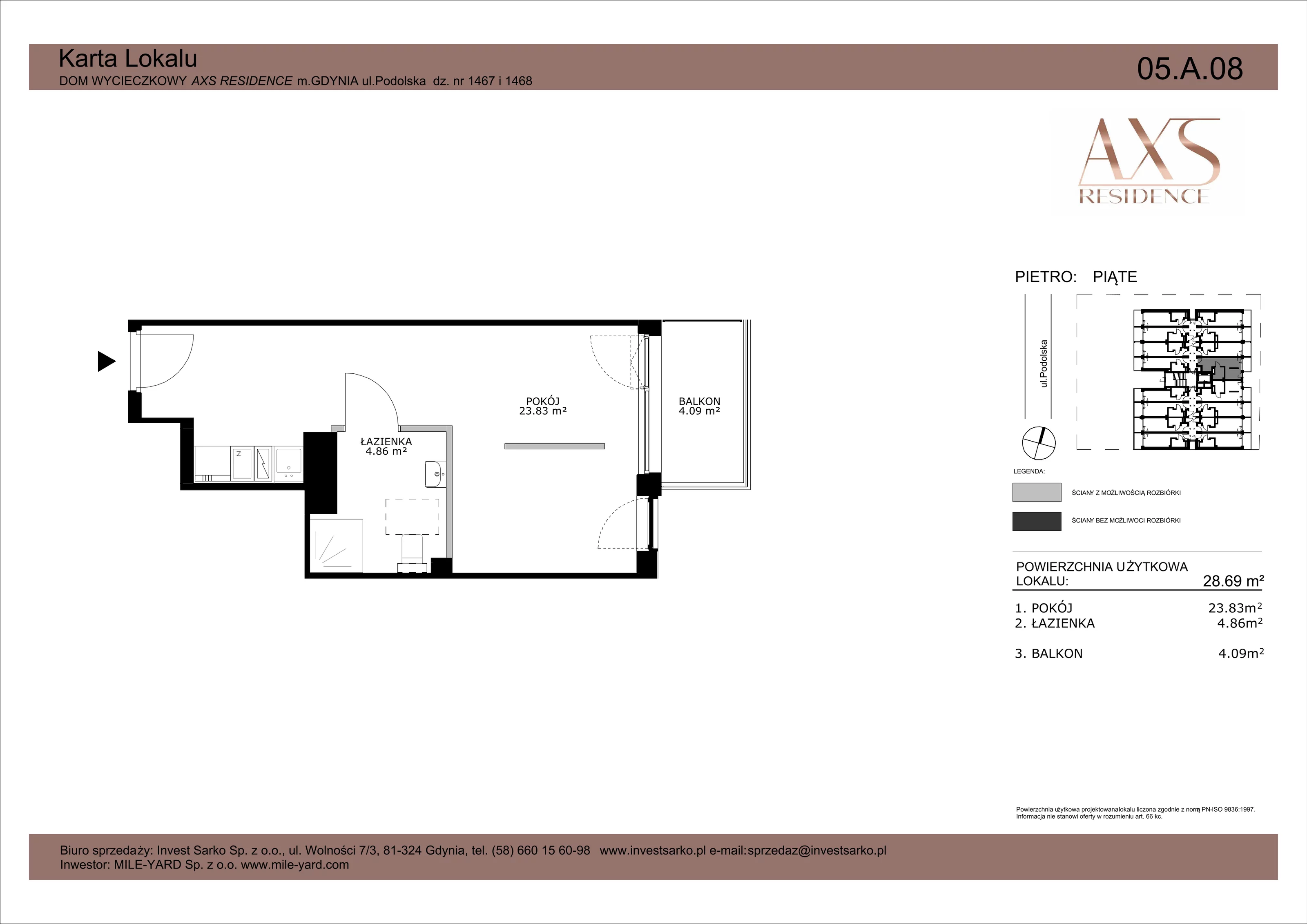 1 pokój, apartament inwestycyjny 28,69 m², piętro 5, oferta nr 05 A 08, AXS Residence, Gdynia, Działki Leśne, Działki Leśne, ul. Podolska