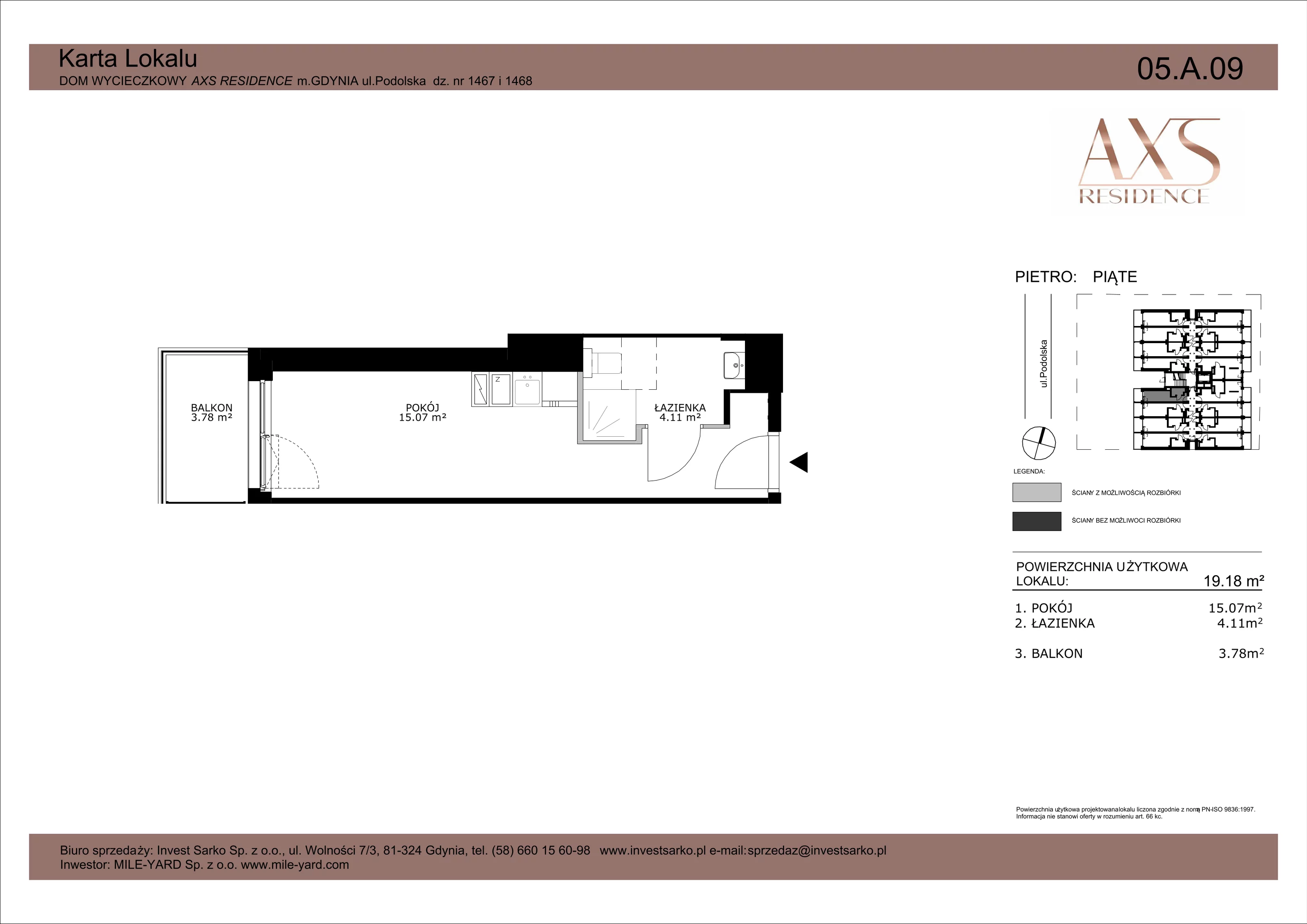 Apartament inwestycyjny 19,18 m², piętro 5, oferta nr 05 A 09, AXS Residence, Gdynia, Działki Leśne, Działki Leśne, ul. Podolska