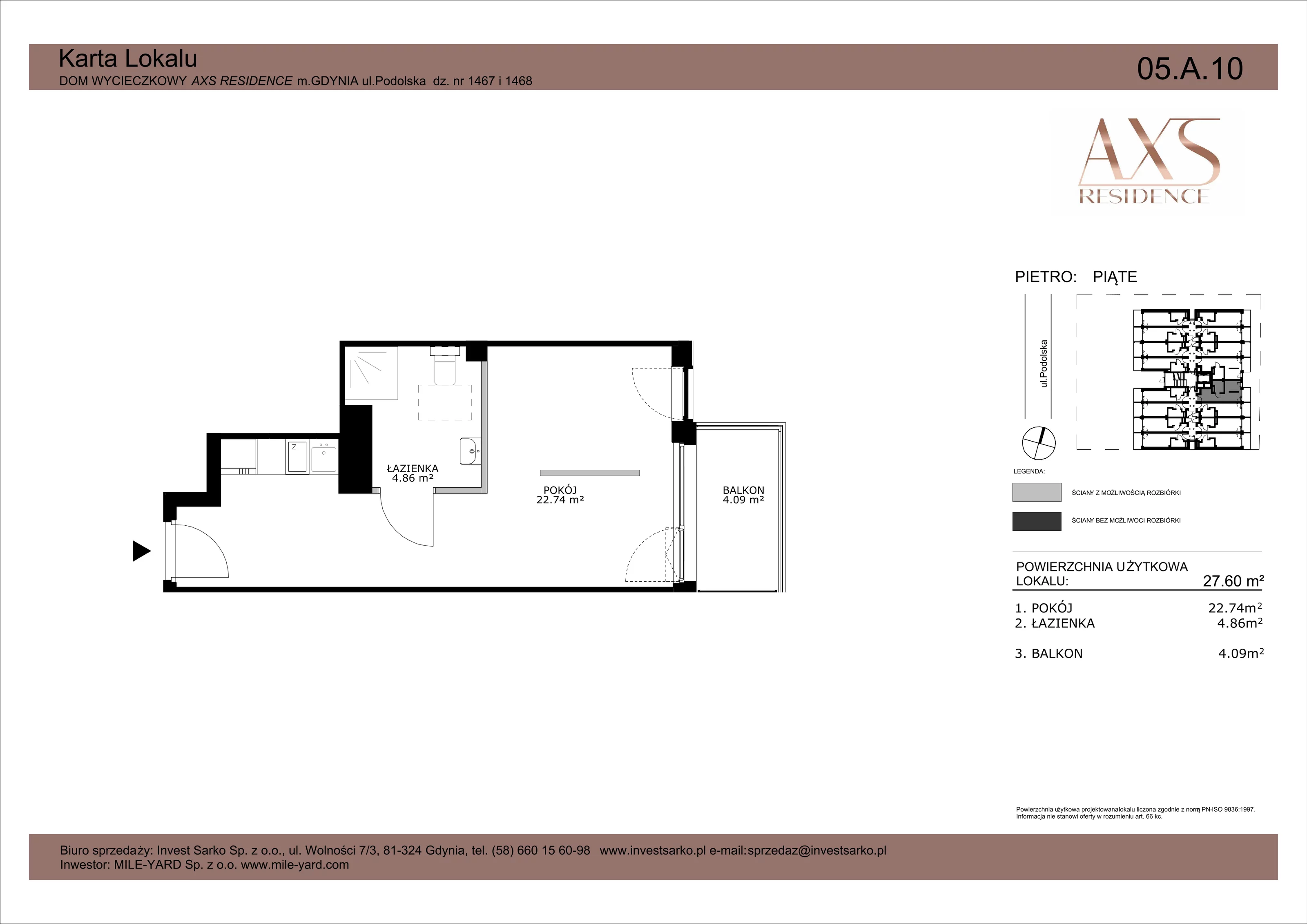 1 pokój, apartament inwestycyjny 27,60 m², piętro 5, oferta nr 05 A 10, AXS Residence, Gdynia, Działki Leśne, Działki Leśne, ul. Podolska