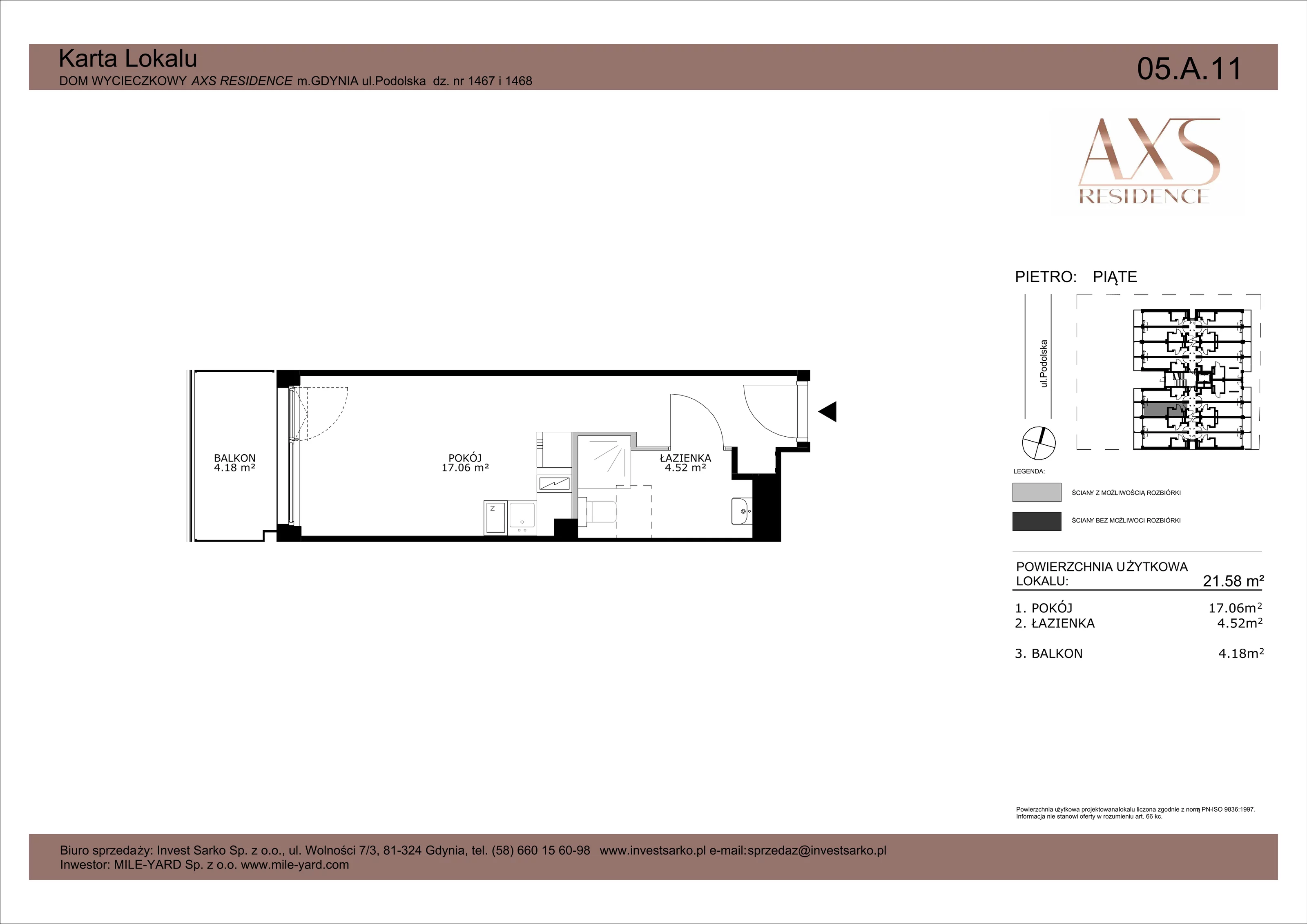 1 pokój, apartament inwestycyjny 21,58 m², piętro 5, oferta nr 05 A 11, AXS Residence, Gdynia, Działki Leśne, Działki Leśne, ul. Podolska