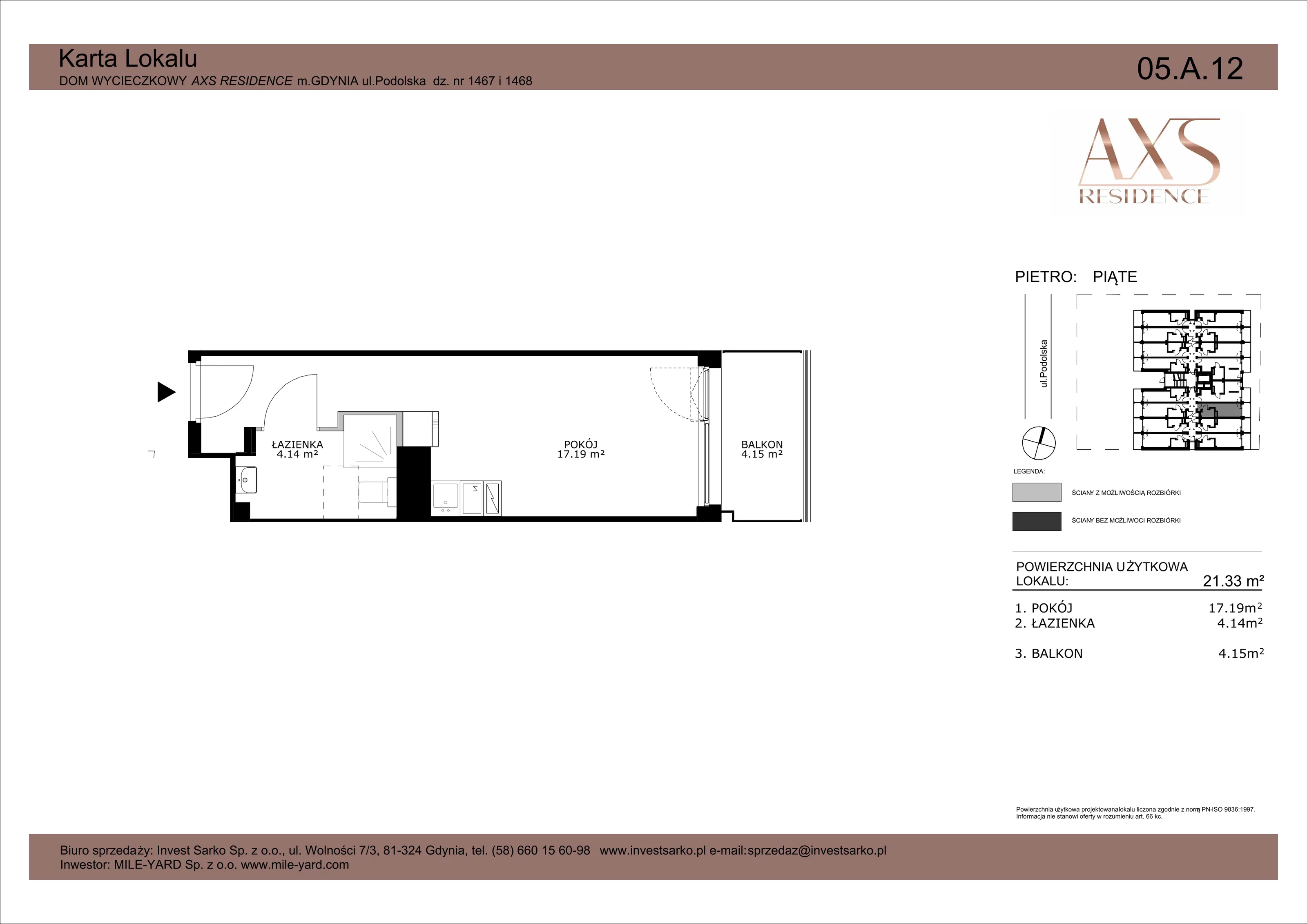 Apartament inwestycyjny 21,33 m², piętro 5, oferta nr 05 A 12, AXS Residence, Gdynia, Działki Leśne, Działki Leśne, ul. Podolska