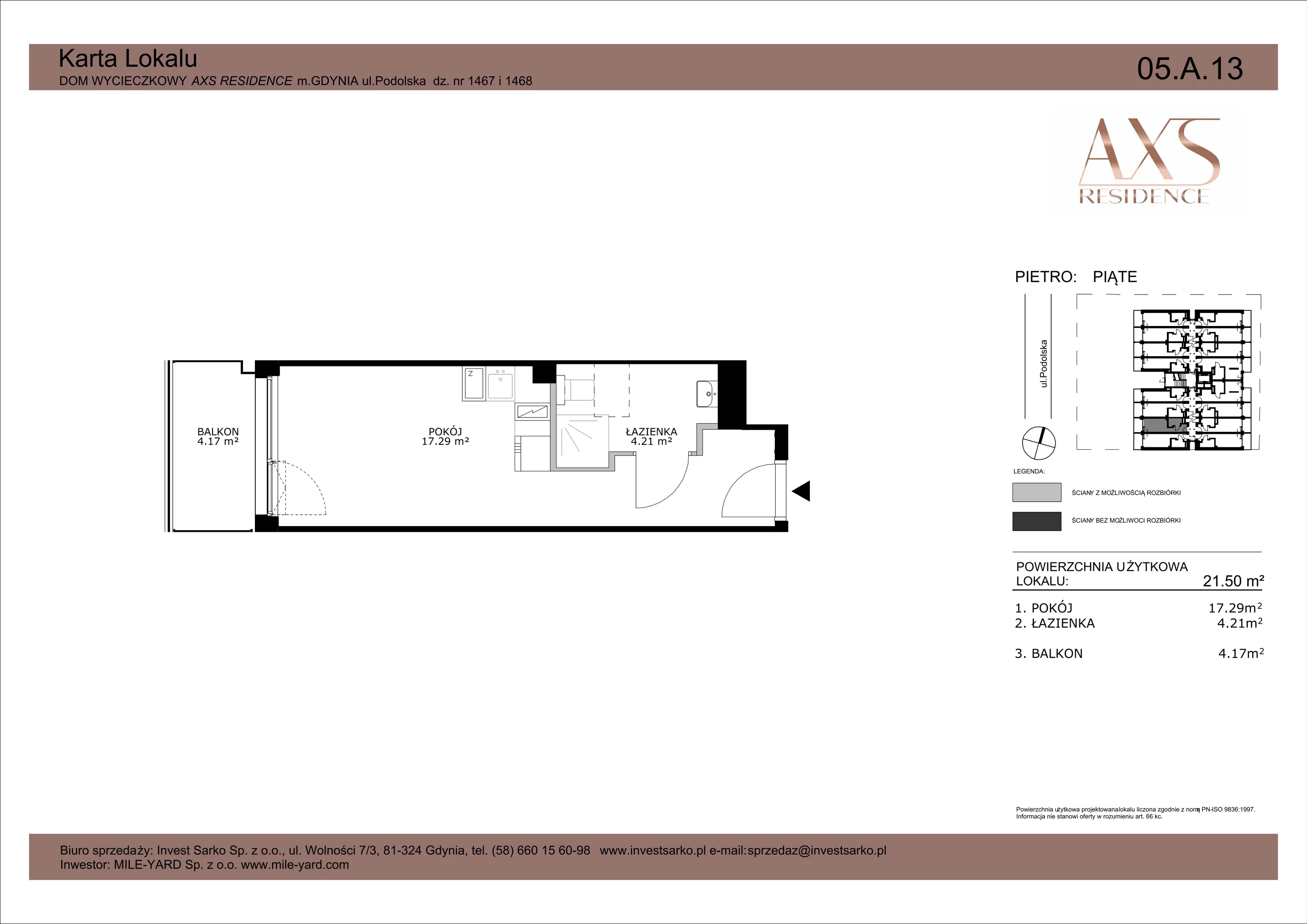 1 pokój, apartament inwestycyjny 21,50 m², piętro 5, oferta nr 05 A 13, AXS Residence, Gdynia, Działki Leśne, Działki Leśne, ul. Podolska
