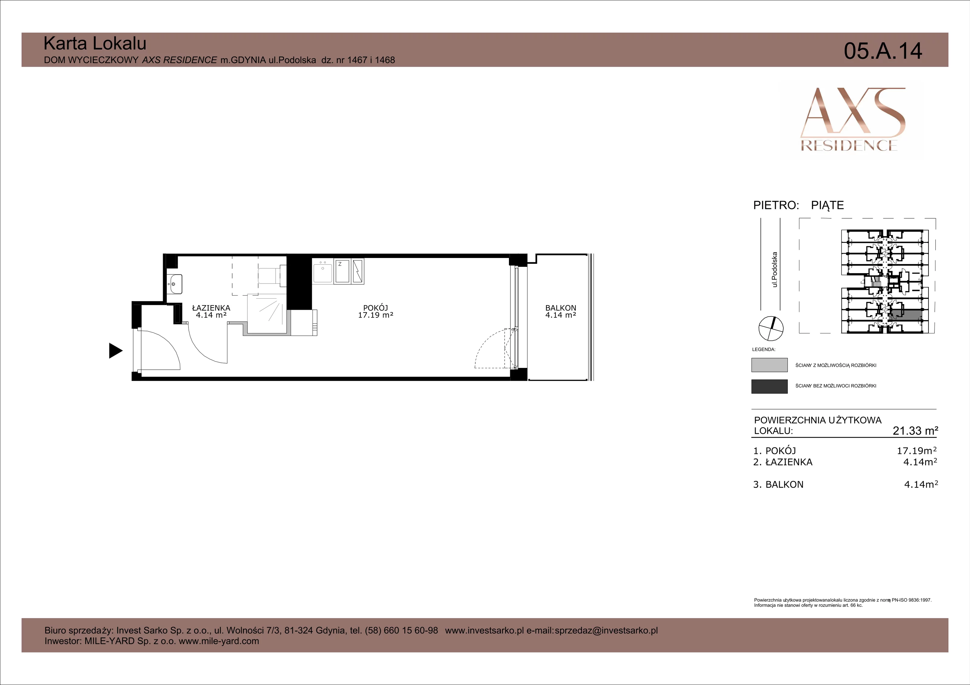 Apartament inwestycyjny 21,33 m², piętro 5, oferta nr 05 A 14, AXS Residence, Gdynia, Działki Leśne, Działki Leśne, ul. Podolska