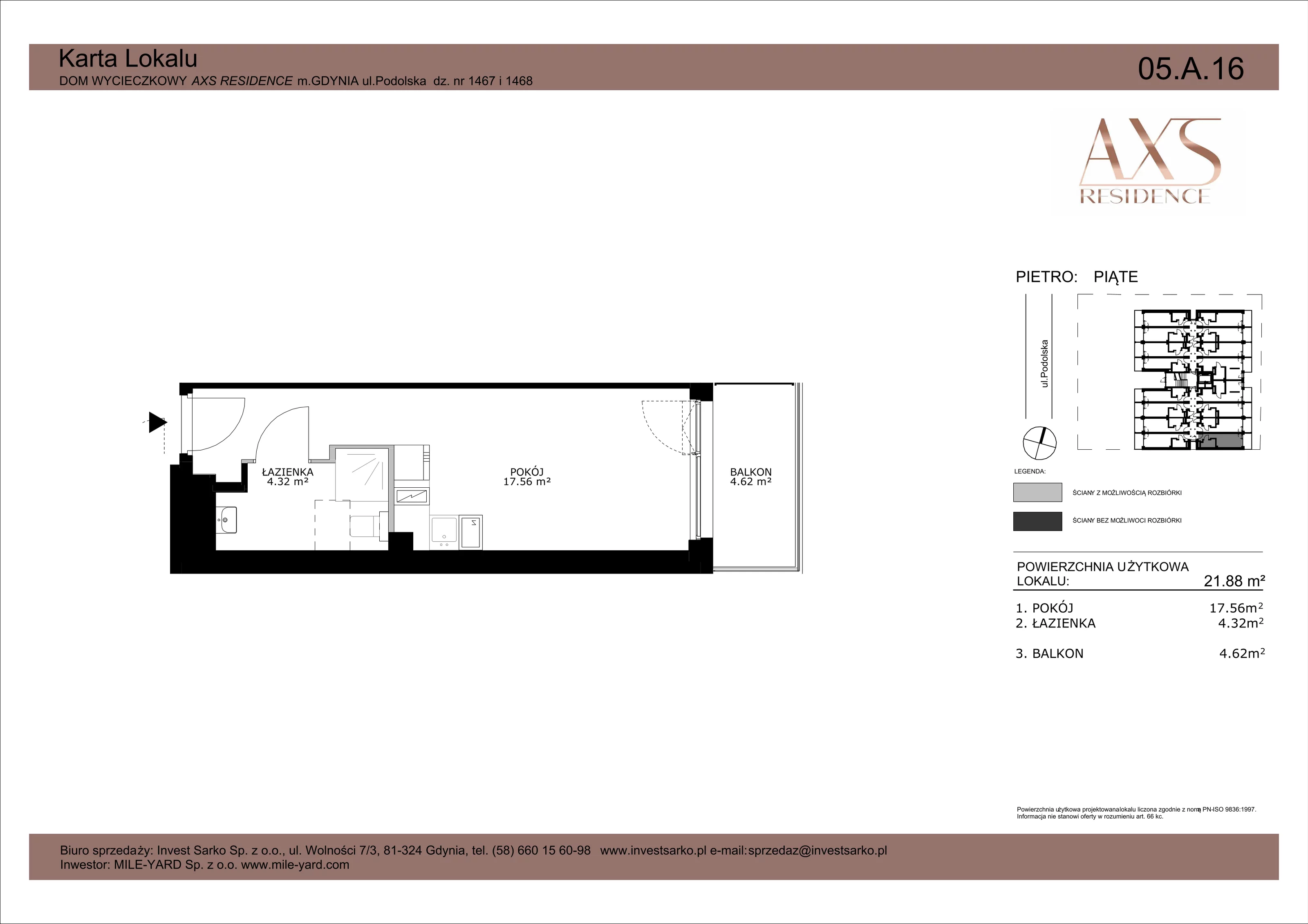 1 pokój, apartament inwestycyjny 21,88 m², piętro 5, oferta nr 05 A 16, AXS Residence, Gdynia, Działki Leśne, Działki Leśne, ul. Podolska