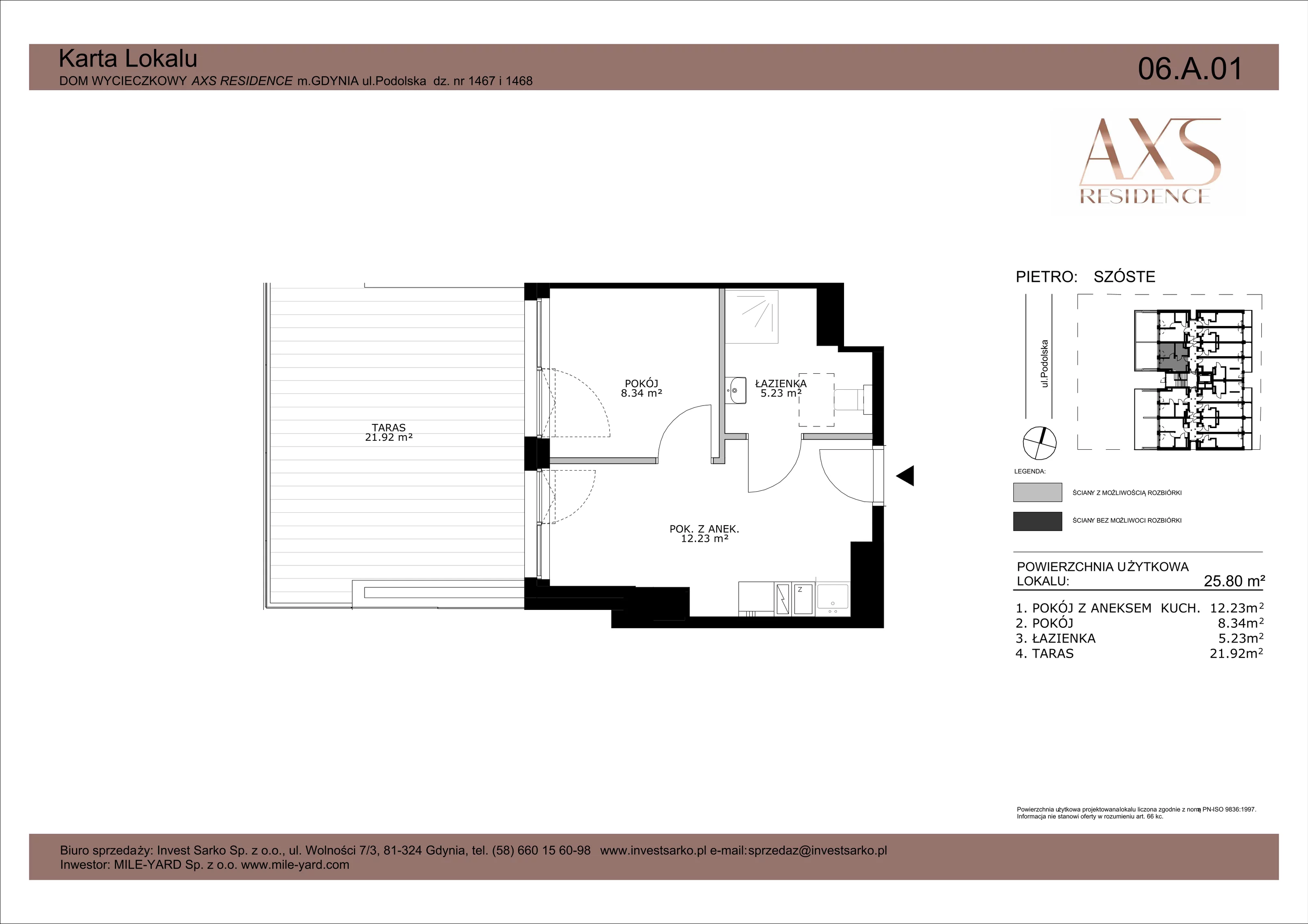 2 pokoje, apartament inwestycyjny 25,80 m², piętro 6, oferta nr 06 A 01, AXS Residence, Gdynia, Działki Leśne, Działki Leśne, ul. Podolska