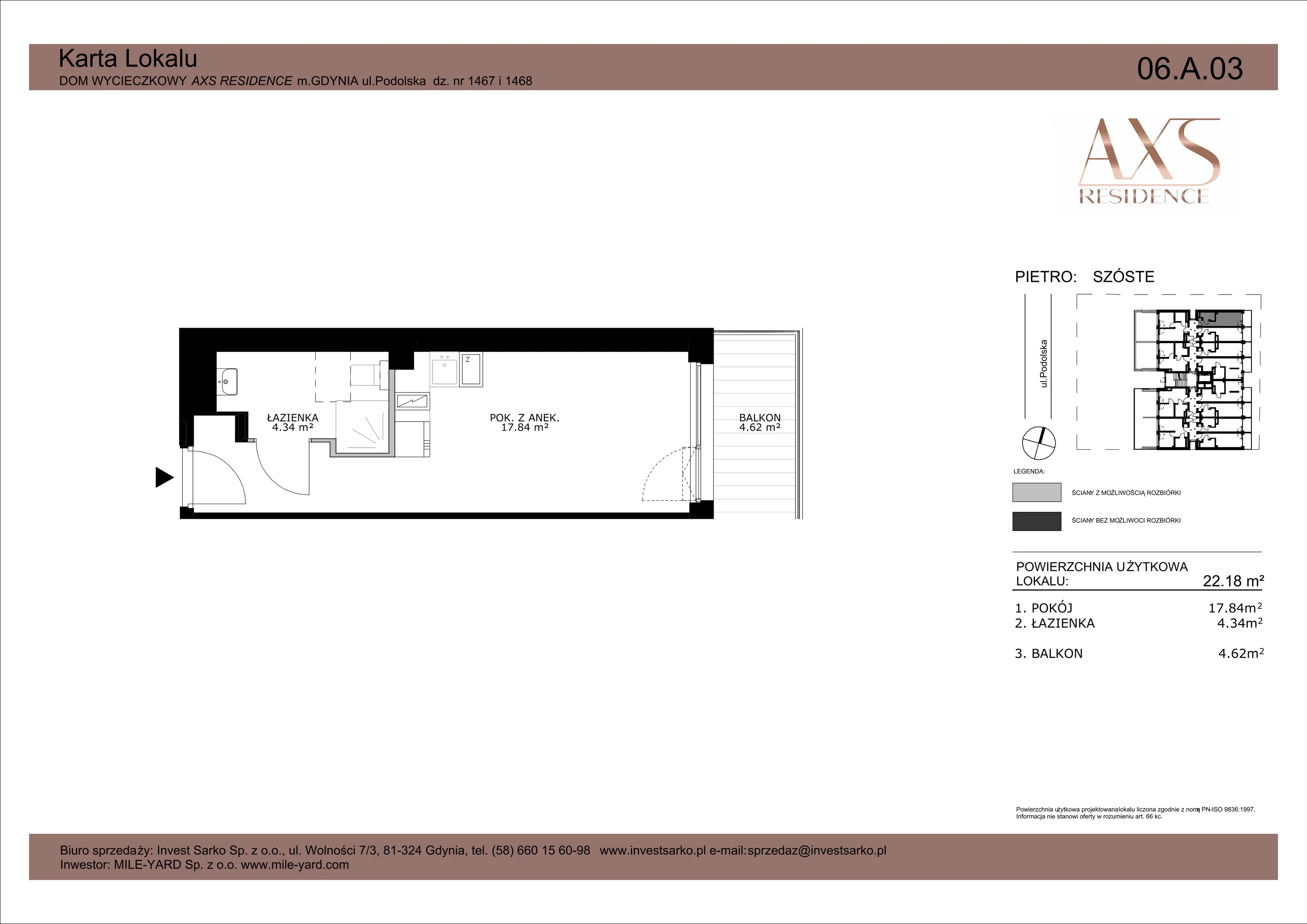 1 pokój, apartament inwestycyjny 22,18 m², piętro 6, oferta nr 06 A 03, AXS Residence, Gdynia, Działki Leśne, Działki Leśne, ul. Podolska