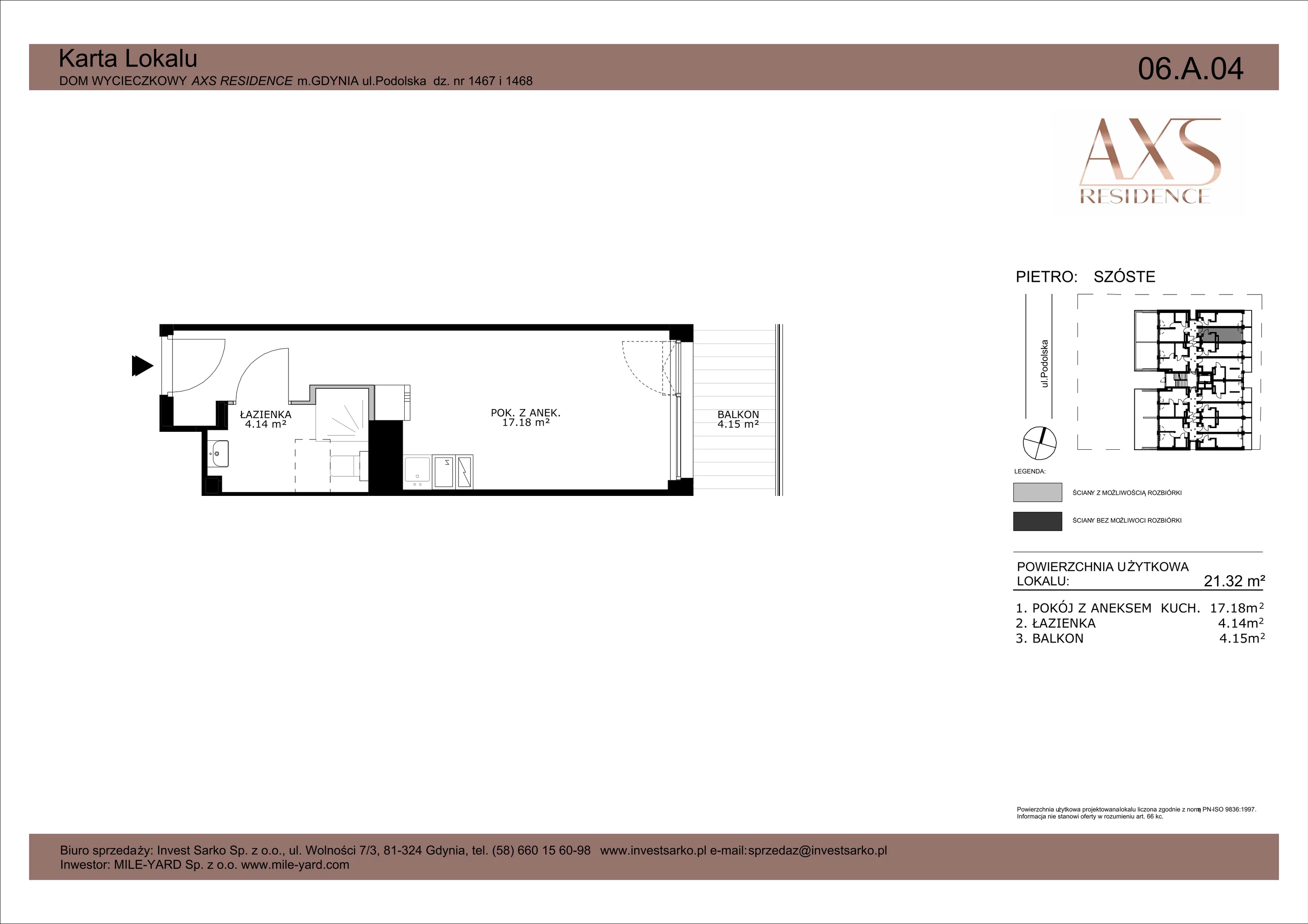 Apartament inwestycyjny 21,32 m², piętro 6, oferta nr 06 A 04, AXS Residence, Gdynia, Działki Leśne, Działki Leśne, ul. Podolska