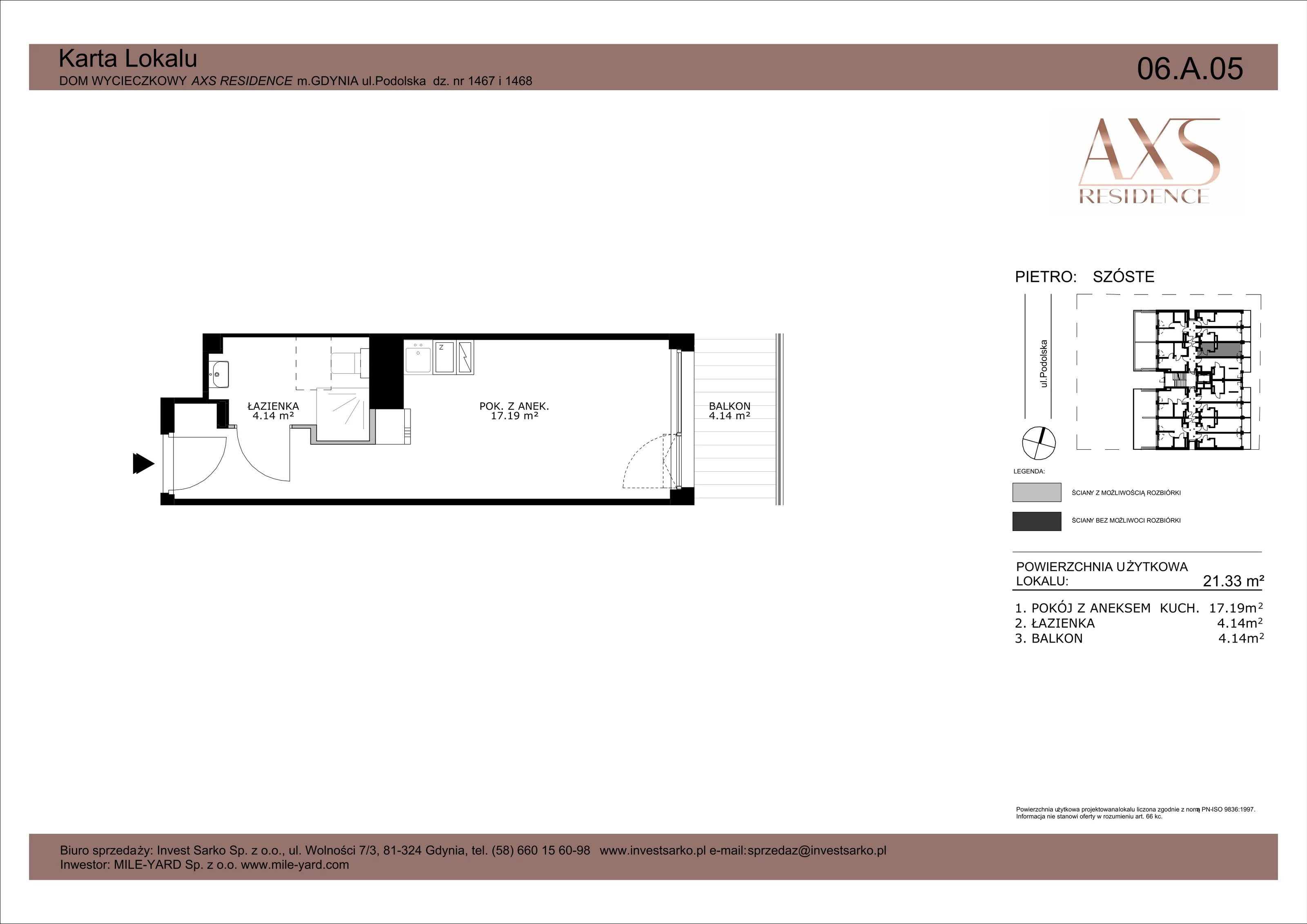 Apartament inwestycyjny 21,33 m², piętro 6, oferta nr 06 A 05, AXS Residence, Gdynia, Działki Leśne, Działki Leśne, ul. Podolska