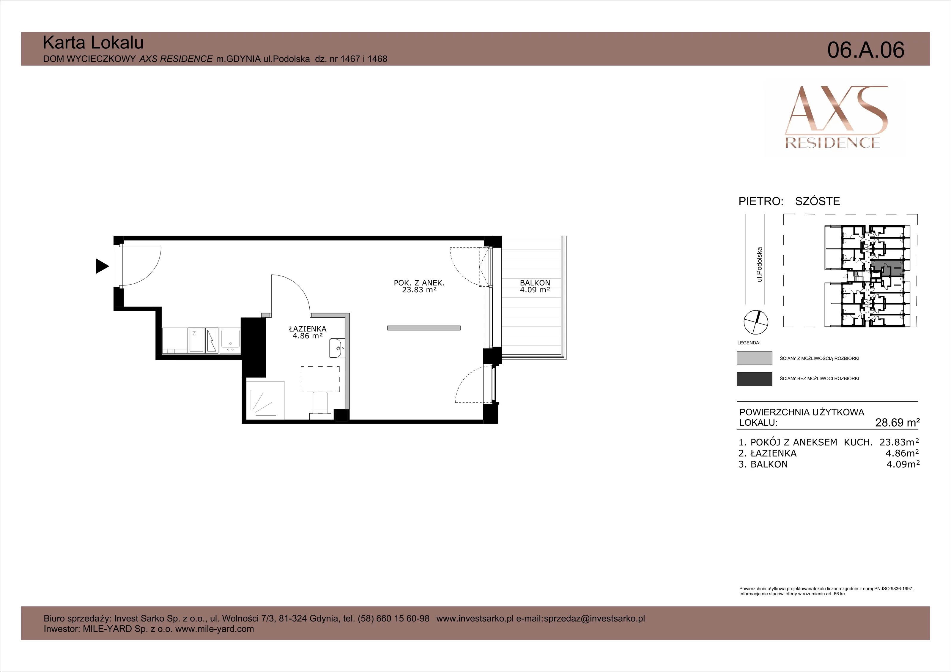 1 pokój, apartament inwestycyjny 28,69 m², piętro 6, oferta nr 06 A 06, AXS Residence, Gdynia, Działki Leśne, Działki Leśne, ul. Podolska