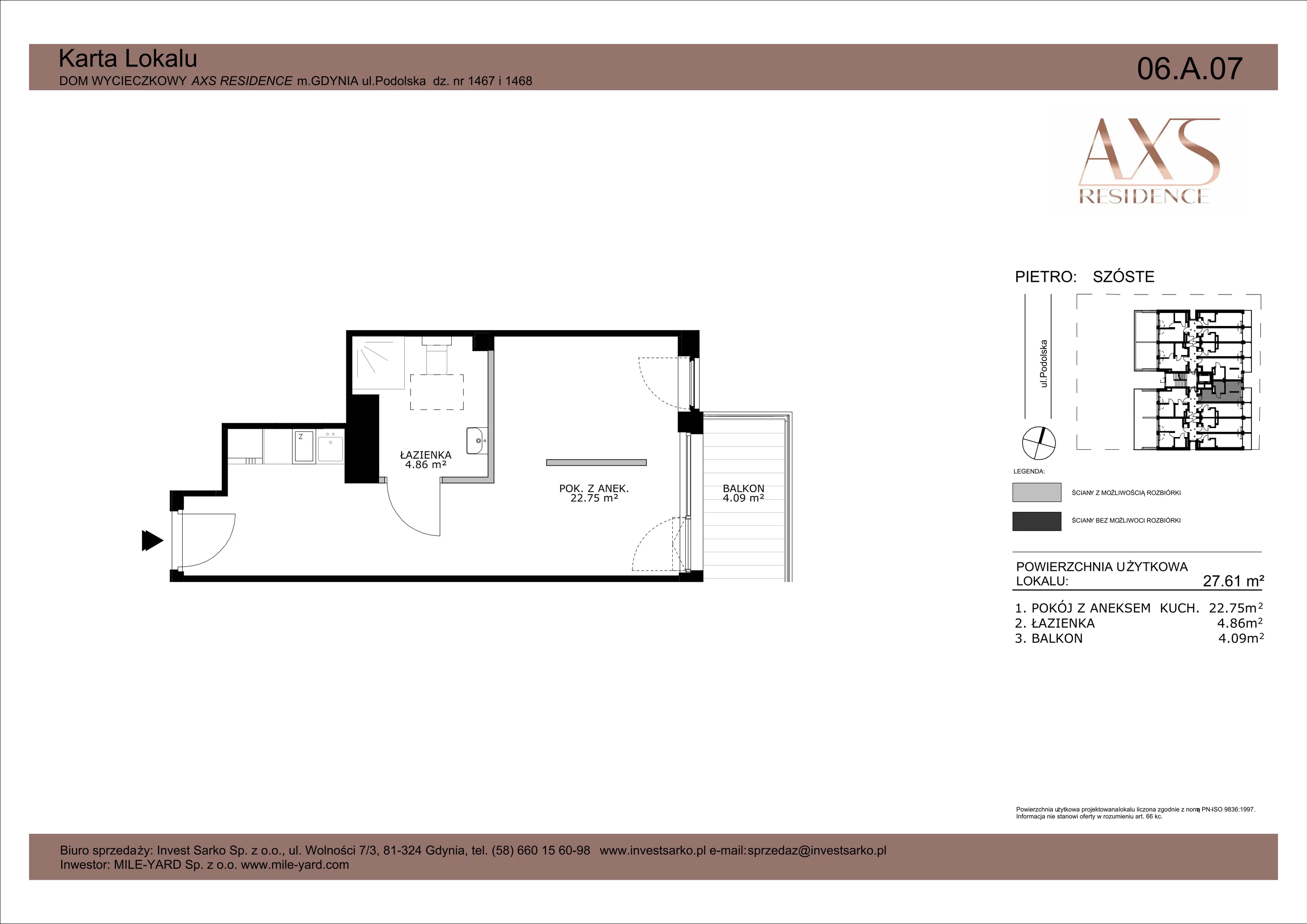 1 pokój, apartament inwestycyjny 27,61 m², piętro 6, oferta nr 06 A 07, AXS Residence, Gdynia, Działki Leśne, Działki Leśne, ul. Podolska