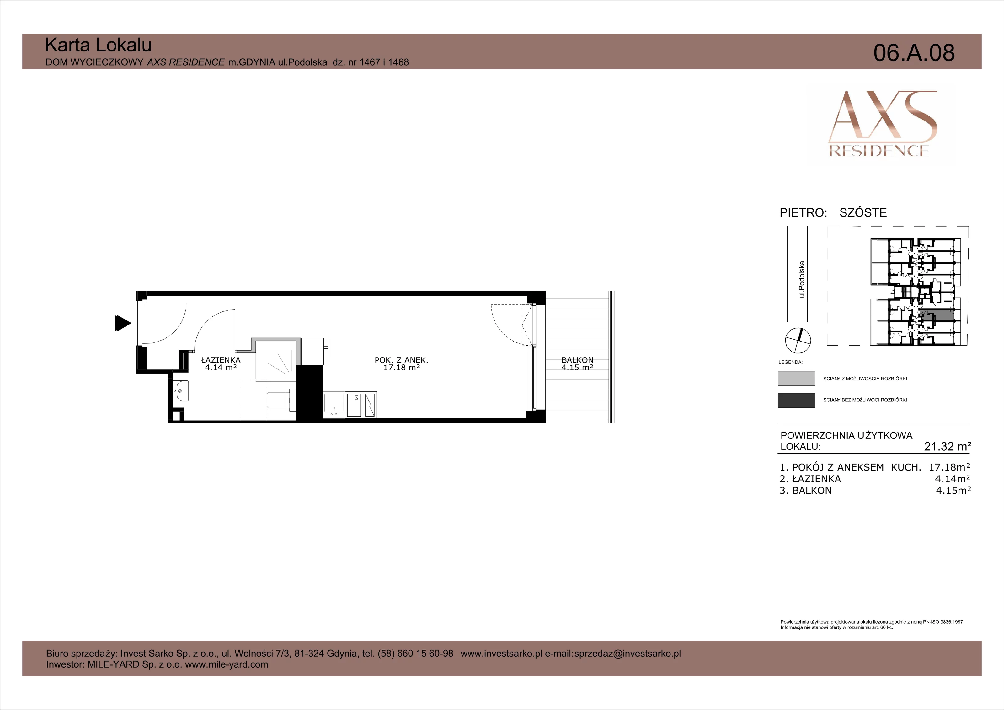 Apartament inwestycyjny 21,32 m², piętro 6, oferta nr 06 A 08, AXS Residence, Gdynia, Działki Leśne, Działki Leśne, ul. Podolska