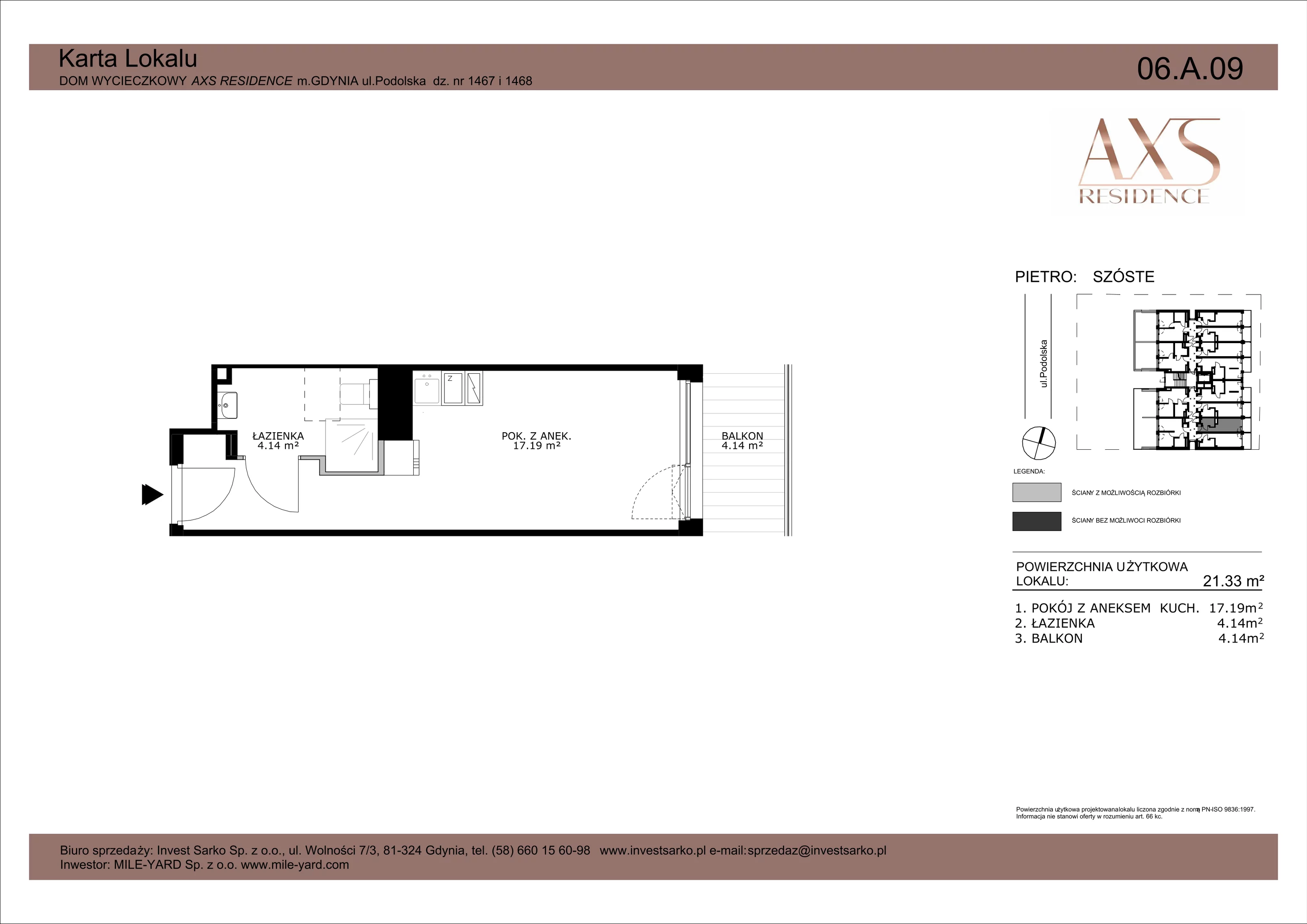 Apartament inwestycyjny 21,33 m², piętro 6, oferta nr 06 A 09, AXS Residence, Gdynia, Działki Leśne, Działki Leśne, ul. Podolska