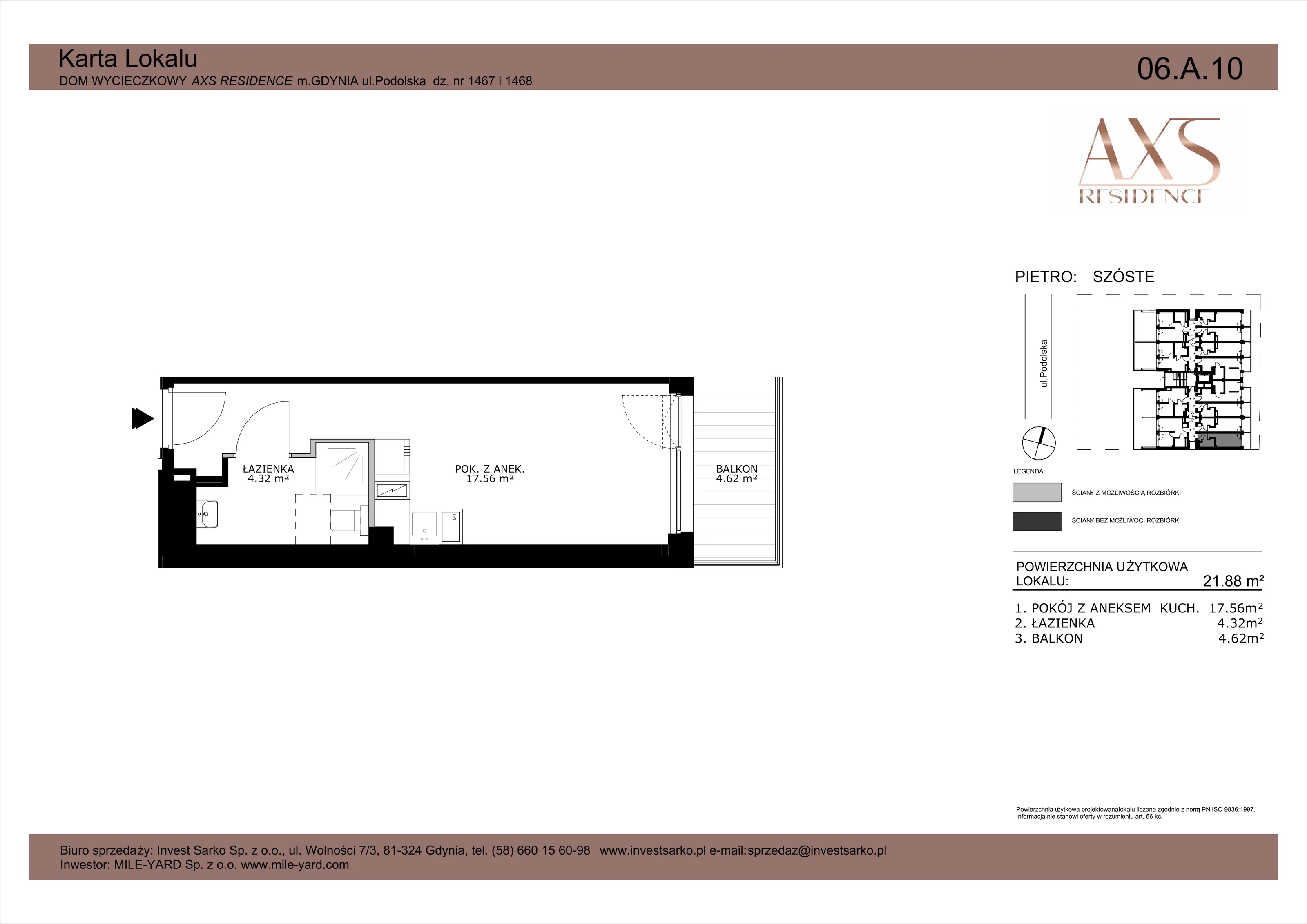 1 pokój, apartament inwestycyjny 21,88 m², piętro 6, oferta nr 06 A 10, AXS Residence, Gdynia, Działki Leśne, Działki Leśne, ul. Podolska