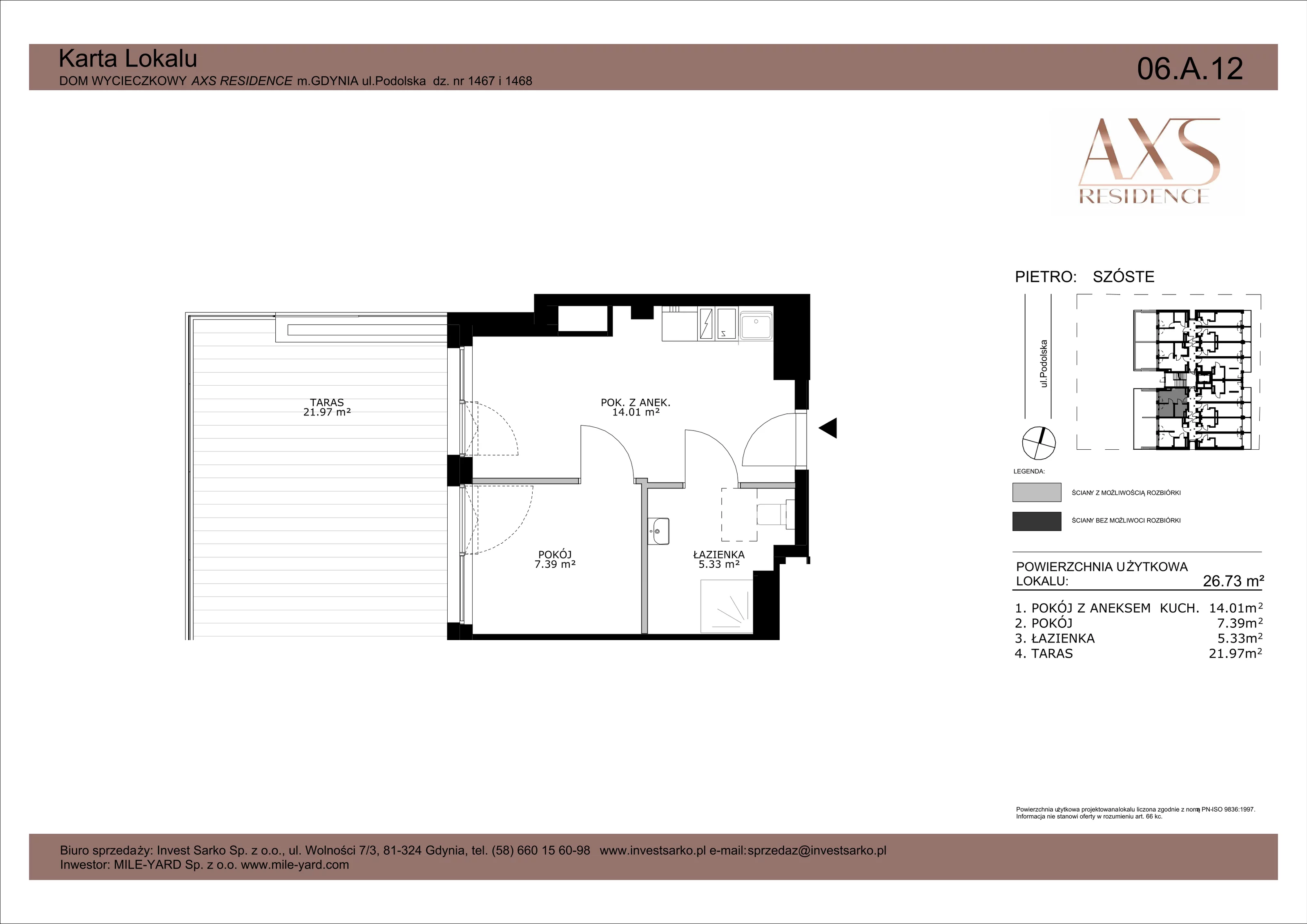 1 pokój, apartament inwestycyjny 26,73 m², piętro 6, oferta nr 06 A 12, AXS Residence, Gdynia, Działki Leśne, Działki Leśne, ul. Podolska