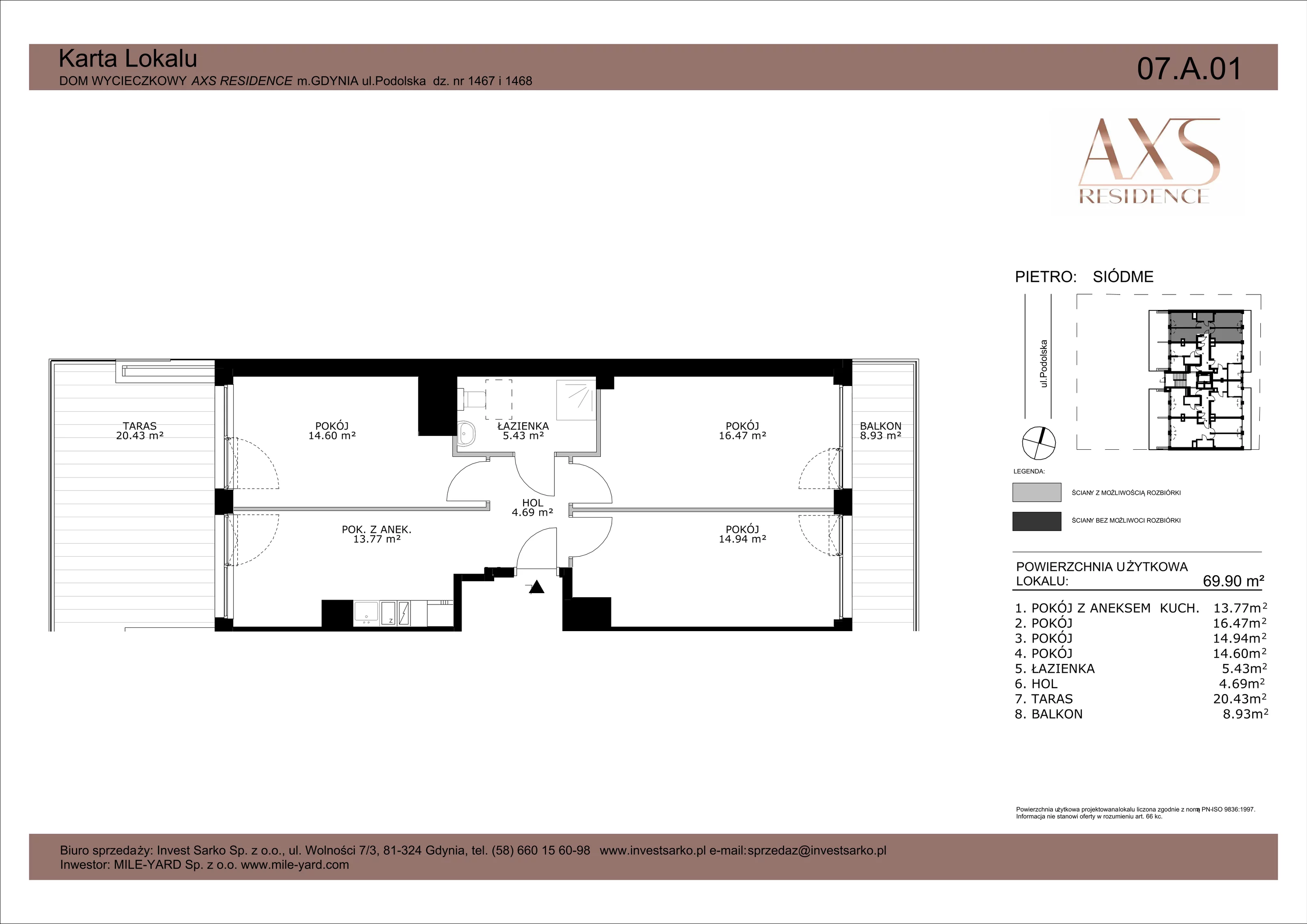 4 pokoje, apartament inwestycyjny 69,90 m², piętro 7, oferta nr 07 A 01, AXS Residence, Gdynia, Działki Leśne, Działki Leśne, ul. Podolska