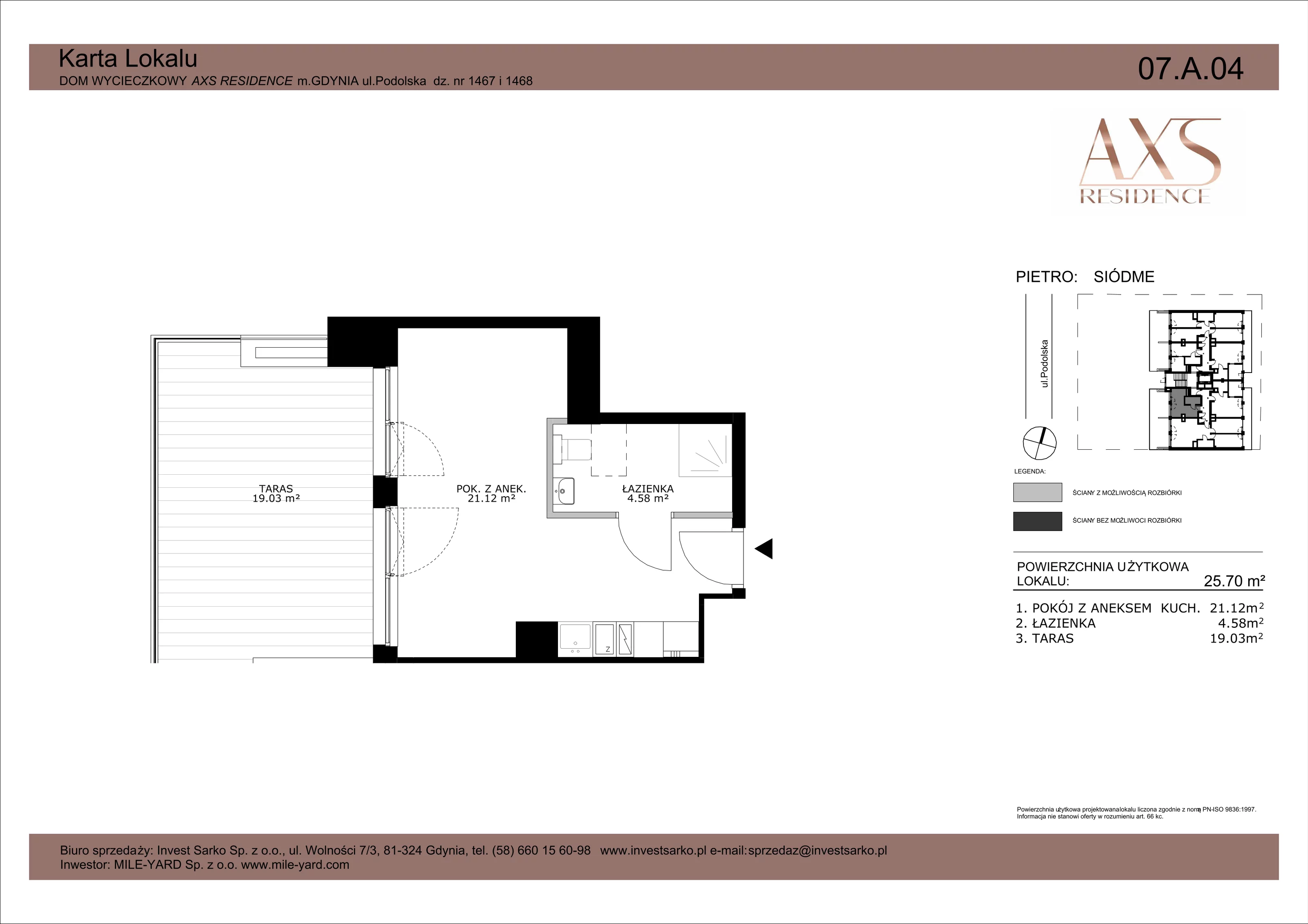 1 pokój, apartament inwestycyjny 25,70 m², piętro 7, oferta nr 07 A 04, AXS Residence, Gdynia, Działki Leśne, Działki Leśne, ul. Podolska