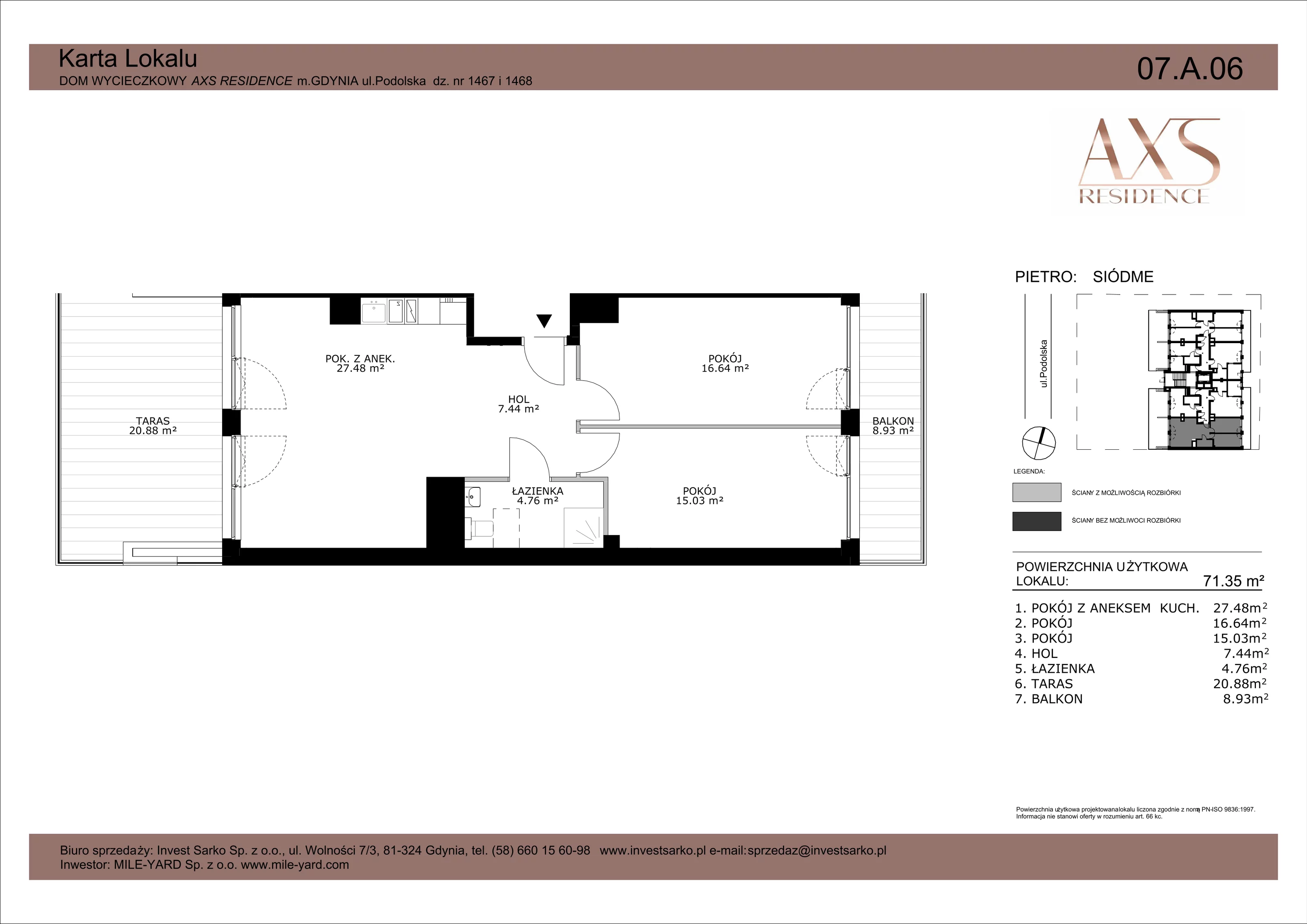 3 pokoje, apartament inwestycyjny 71,35 m², piętro 7, oferta nr 07 A 06, AXS Residence, Gdynia, Działki Leśne, Działki Leśne, ul. Podolska