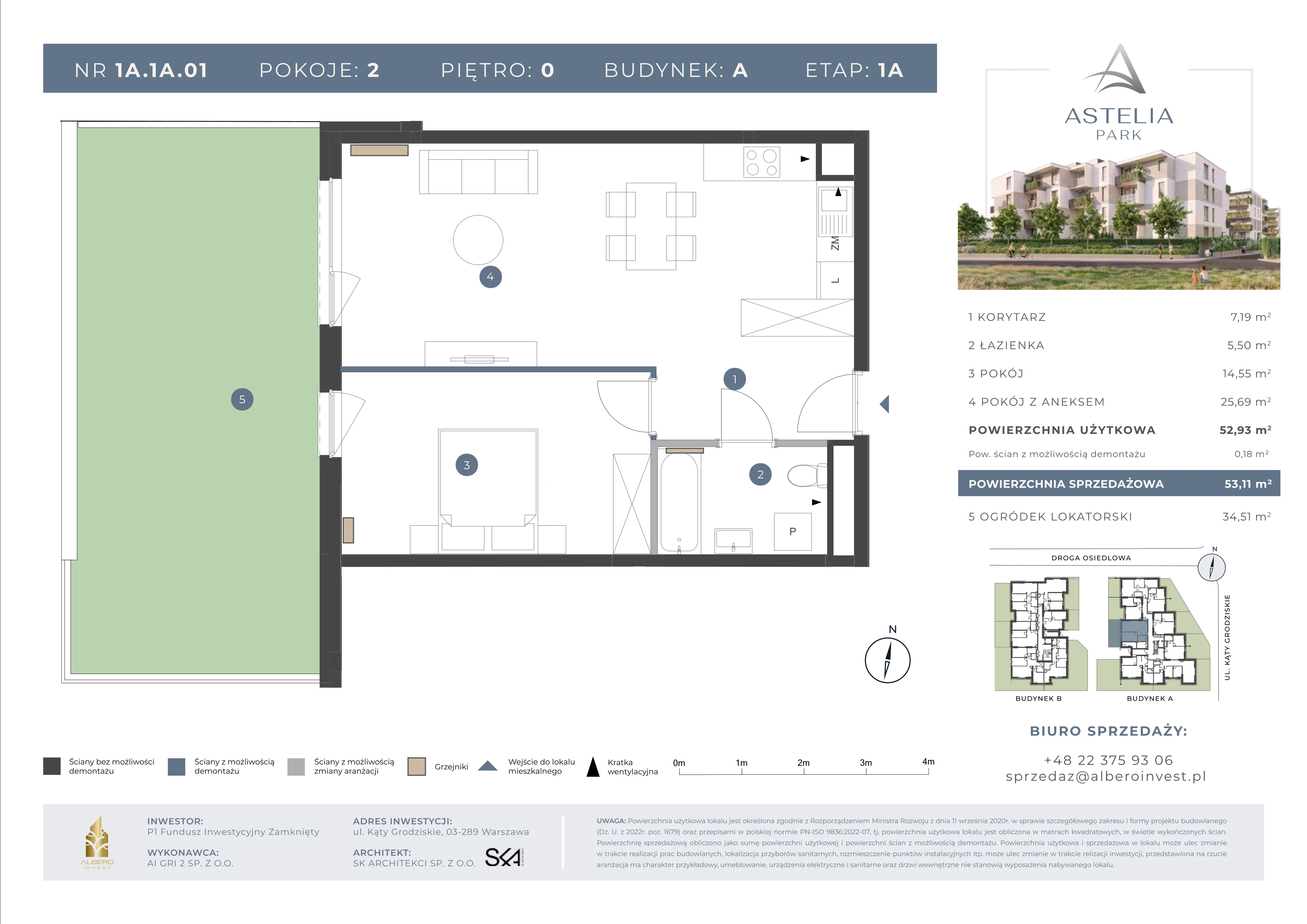 2 pokoje, mieszkanie 52,93 m², parter, oferta nr 1A.1A.01, Astelia Park etap IA, Warszawa, Białołęka, Grodzisk, ul. Leona Berensona 