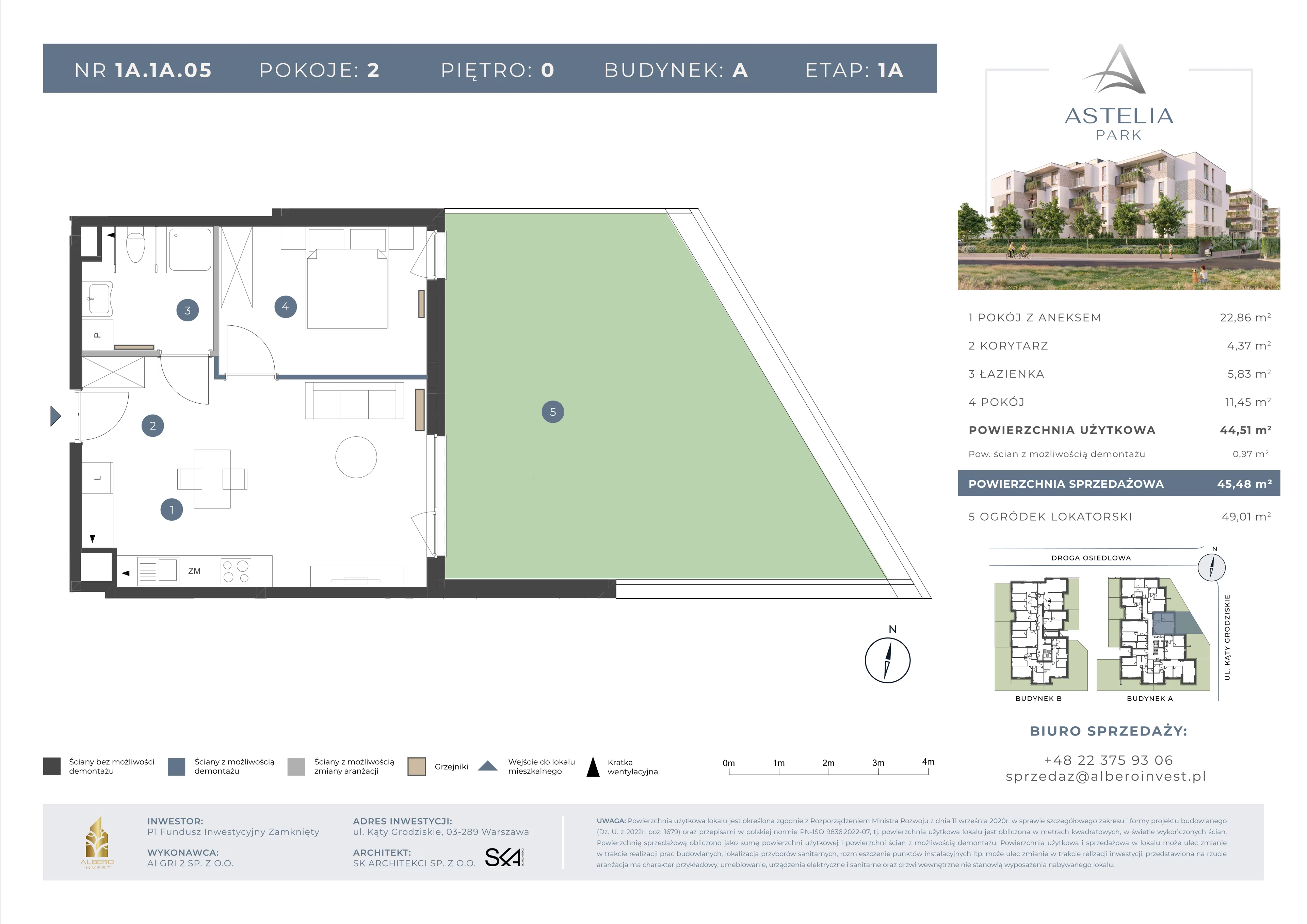 2 pokoje, mieszkanie 44,51 m², parter, oferta nr 1A.1A.05, Astelia Park etap IA, Warszawa, Białołęka, Grodzisk, ul. Leona Berensona 