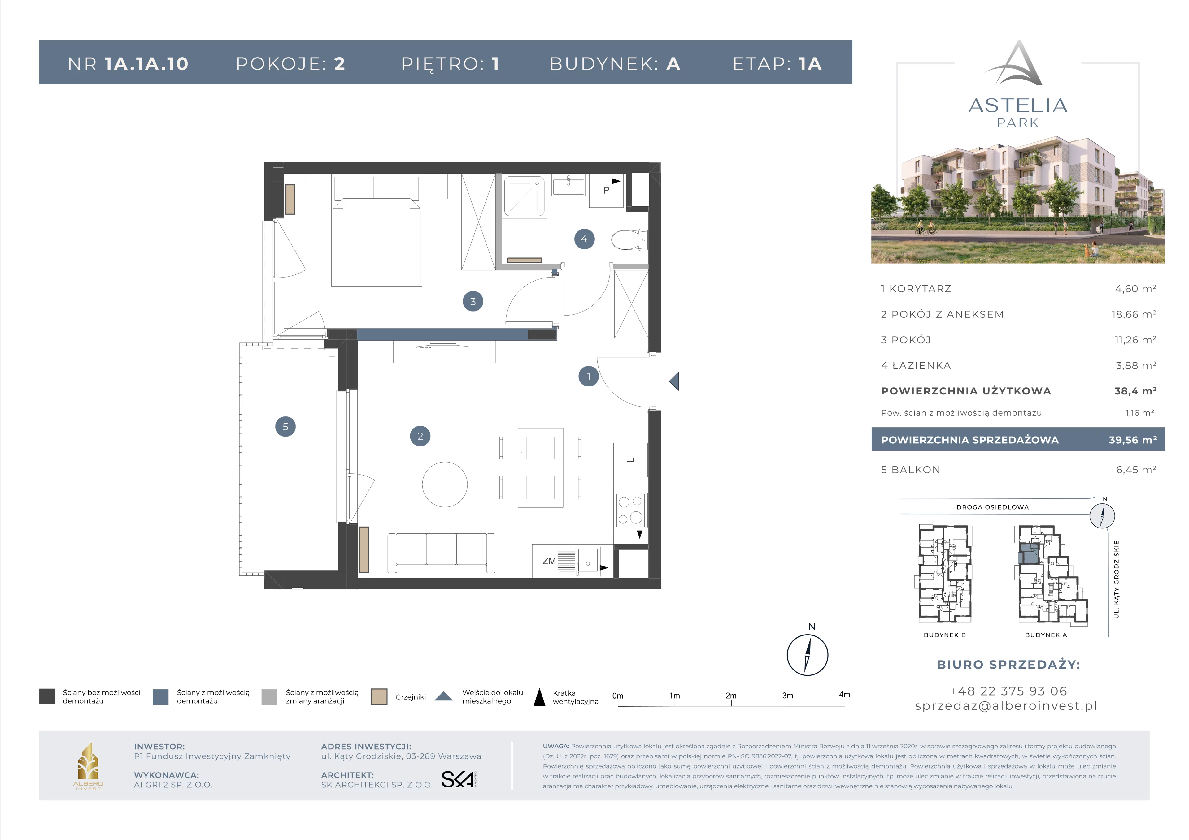 2 pokoje, mieszkanie 38,40 m², piętro 1, oferta nr 1A.1A.10, Astelia Park etap IA, Warszawa, Białołęka, Grodzisk, ul. Leona Berensona 