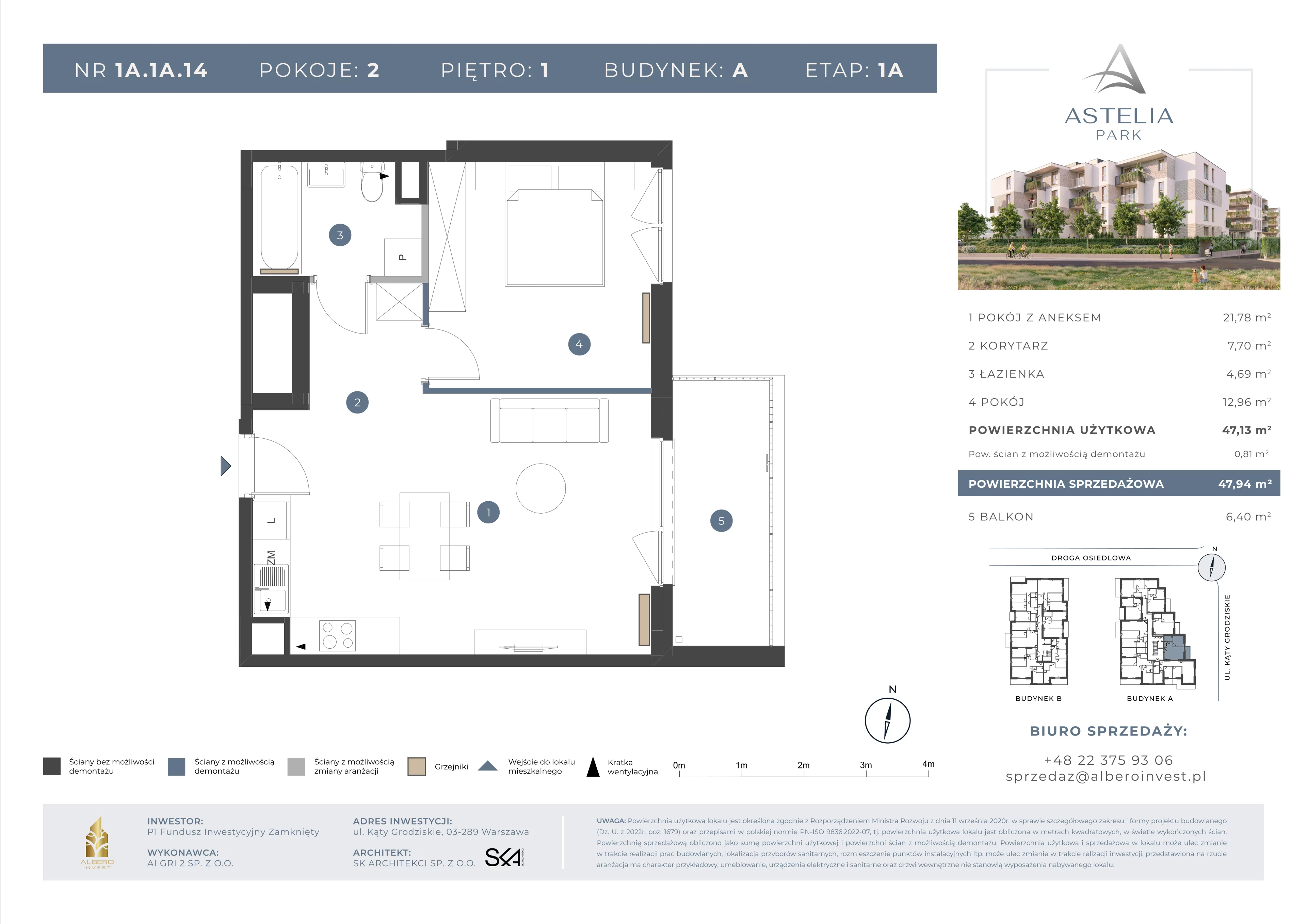 2 pokoje, mieszkanie 47,13 m², piętro 1, oferta nr 1A.1A.14, Astelia Park etap IA, Warszawa, Białołęka, Grodzisk, ul. Leona Berensona 