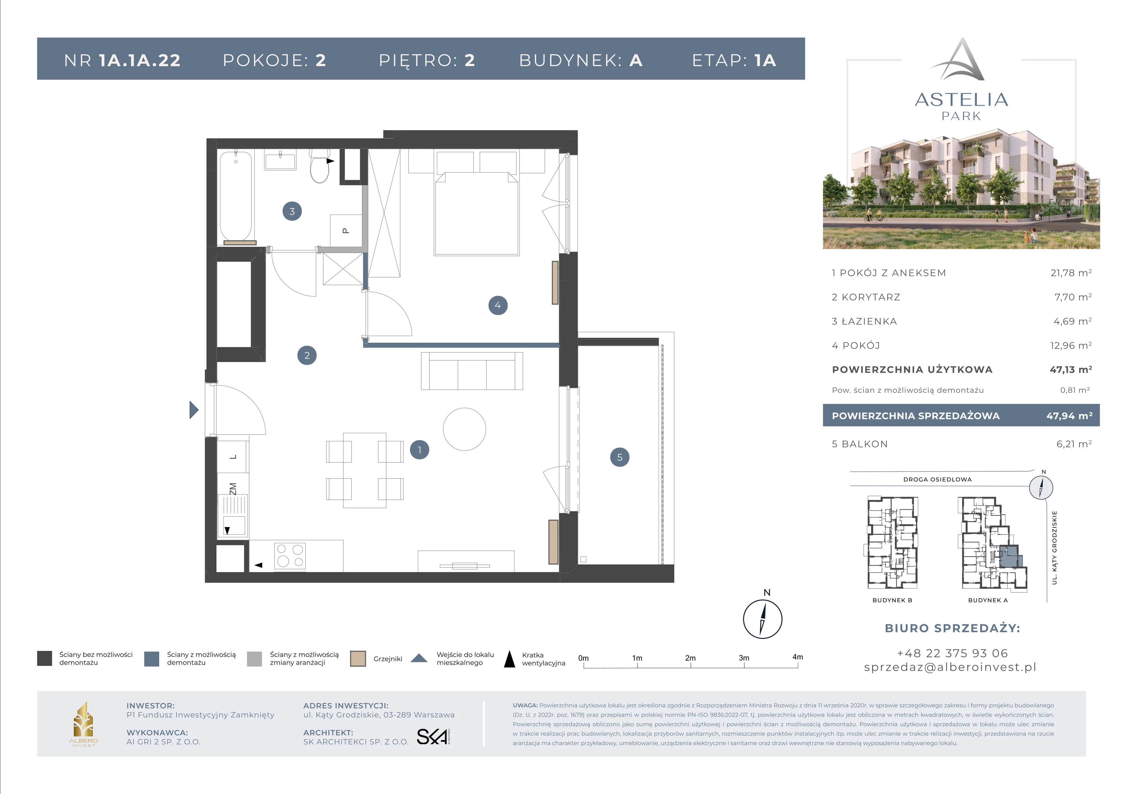2 pokoje, mieszkanie 47,13 m², piętro 2, oferta nr 1A.1A.22, Astelia Park etap IA, Warszawa, Białołęka, Grodzisk, ul. Leona Berensona 