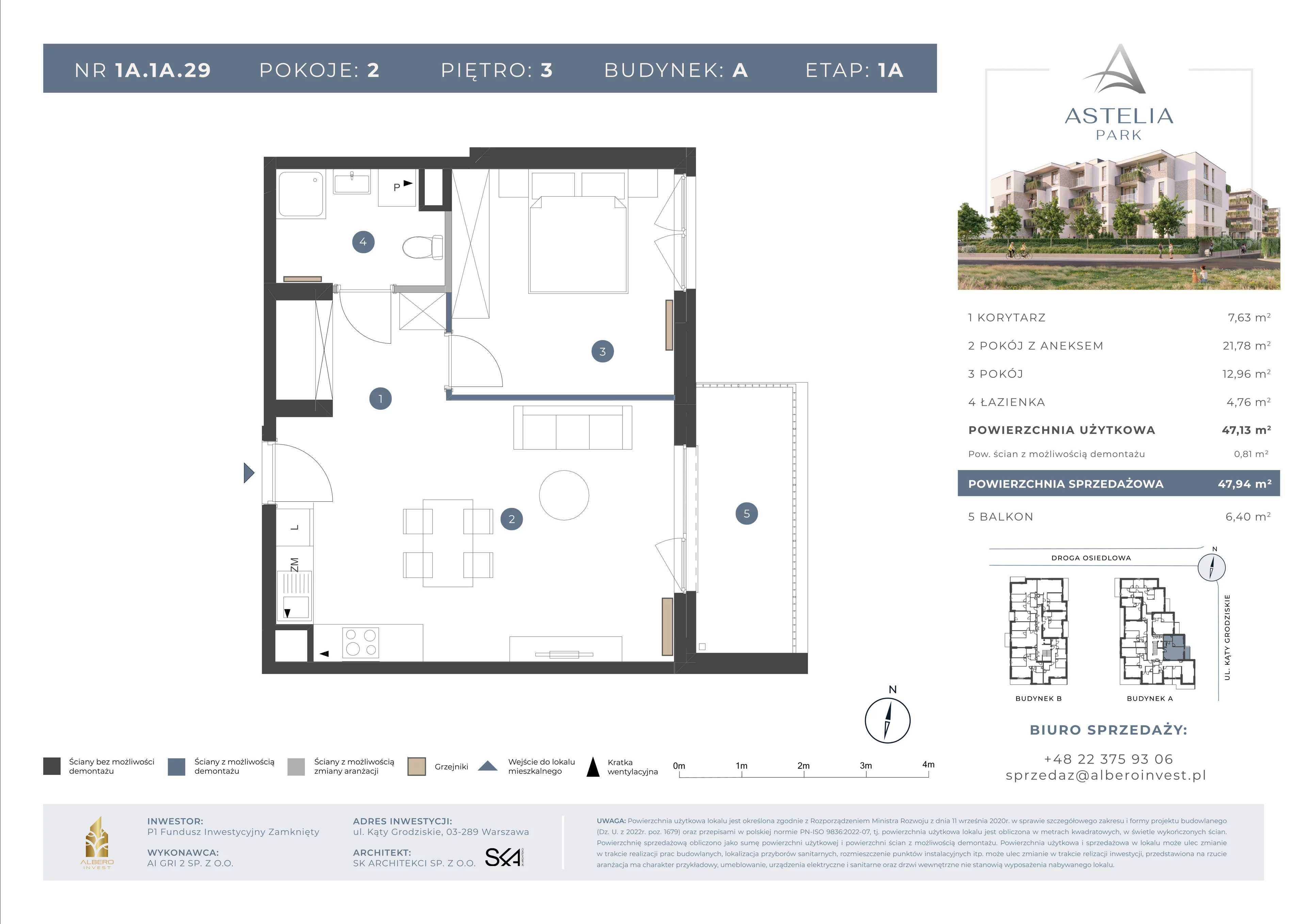 2 pokoje, mieszkanie 47,13 m², piętro 3, oferta nr 1A.1A.29, Astelia Park etap IA, Warszawa, Białołęka, Grodzisk, ul. Leona Berensona 