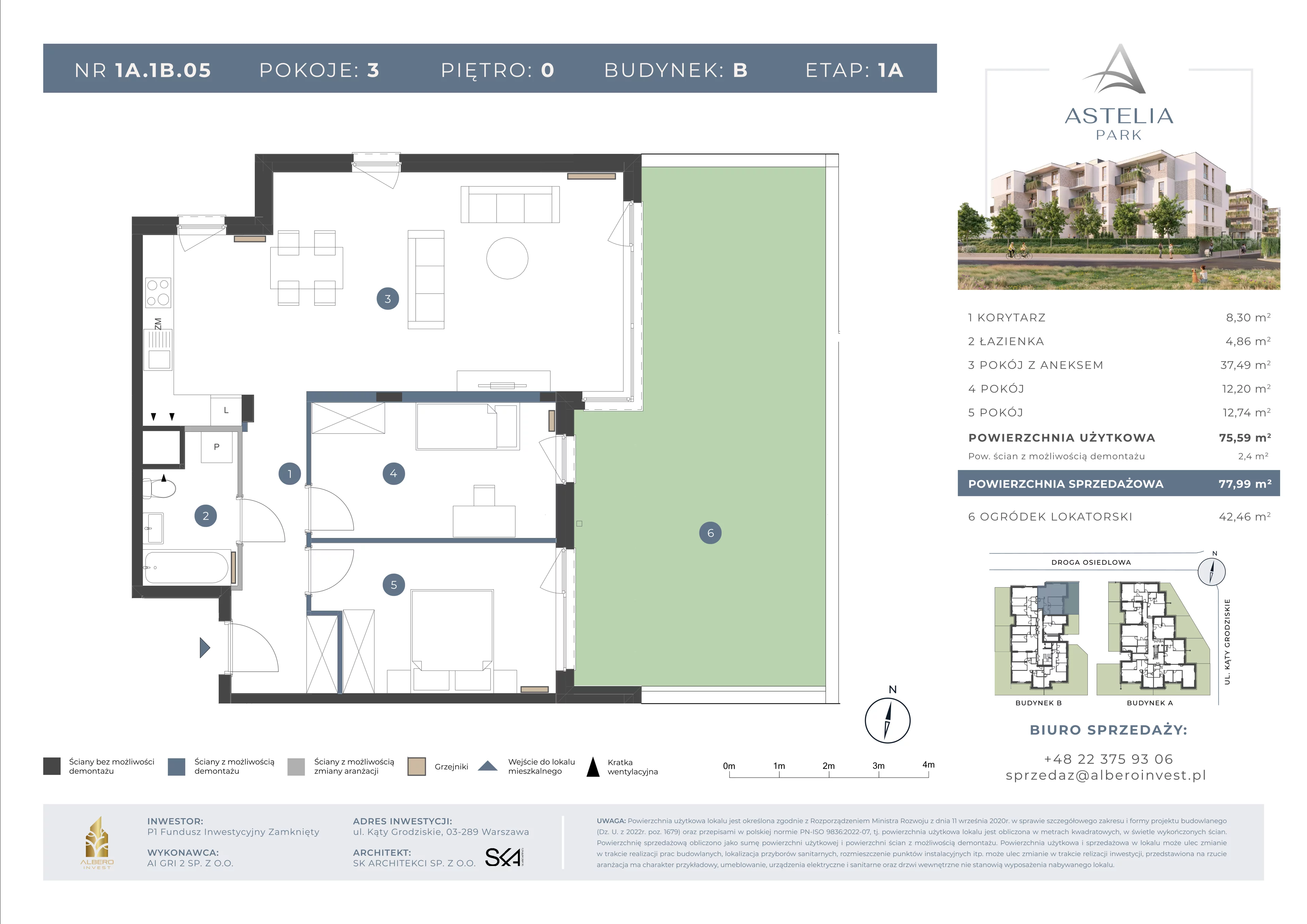 3 pokoje, mieszkanie 75,59 m², parter, oferta nr 1A.1B.05, Astelia Park etap IA, Warszawa, Białołęka, Grodzisk, ul. Leona Berensona 