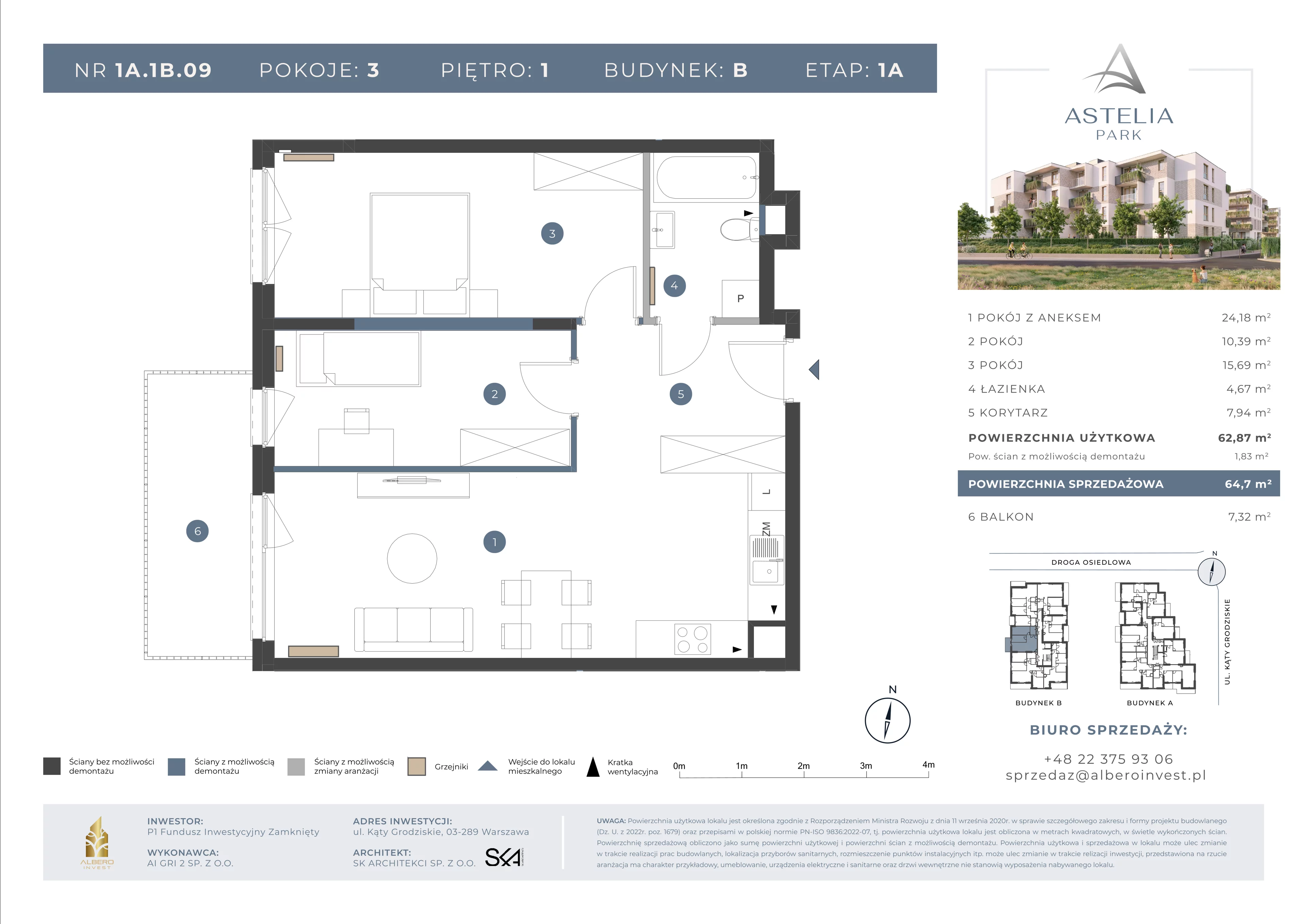 3 pokoje, mieszkanie 62,87 m², piętro 1, oferta nr 1A.1B.09, Astelia Park etap IA, Warszawa, Białołęka, Grodzisk, ul. Leona Berensona 