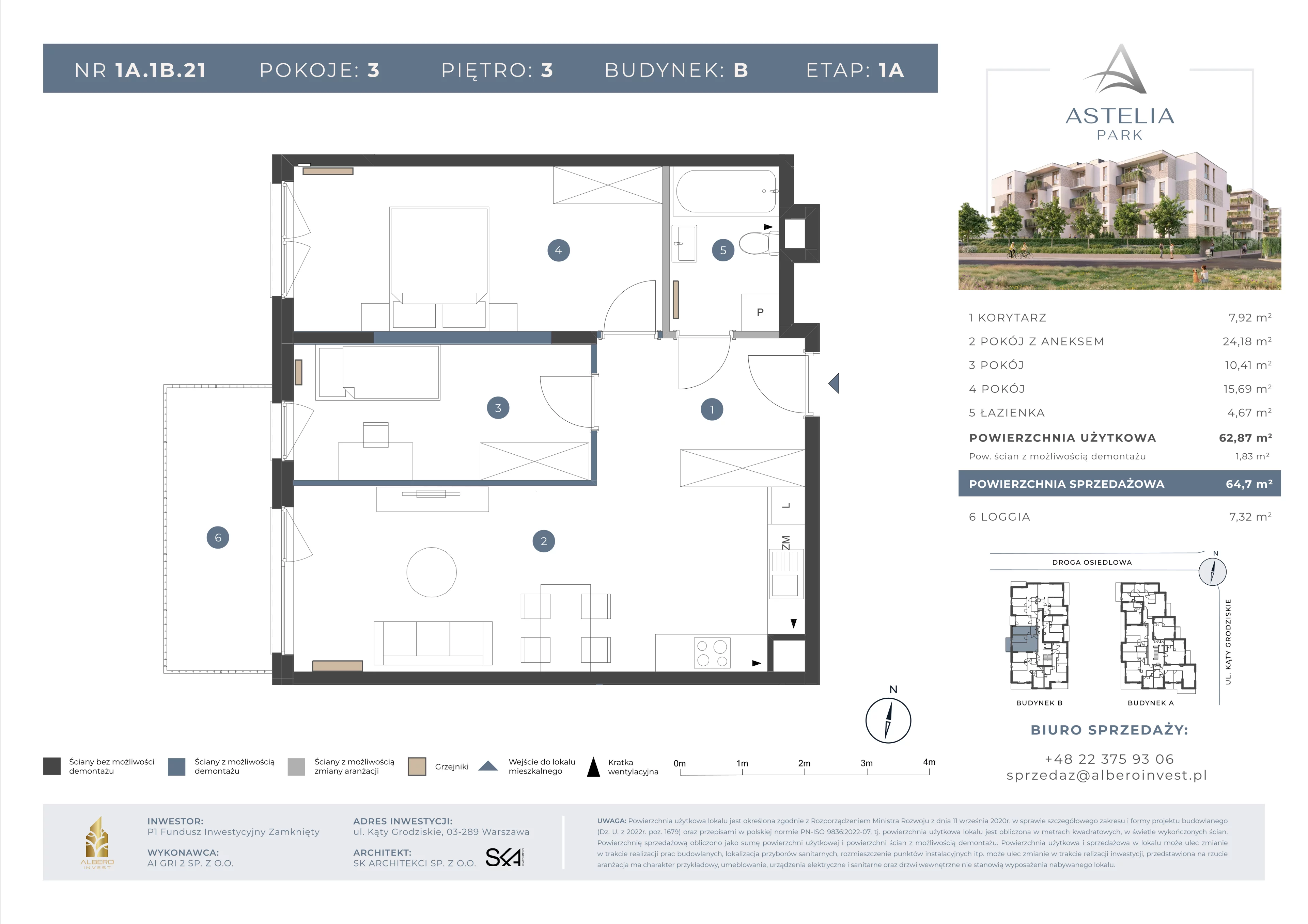 3 pokoje, mieszkanie 62,87 m², piętro 3, oferta nr 1A.1B.21, Astelia Park etap IA, Warszawa, Białołęka, Grodzisk, ul. Leona Berensona 