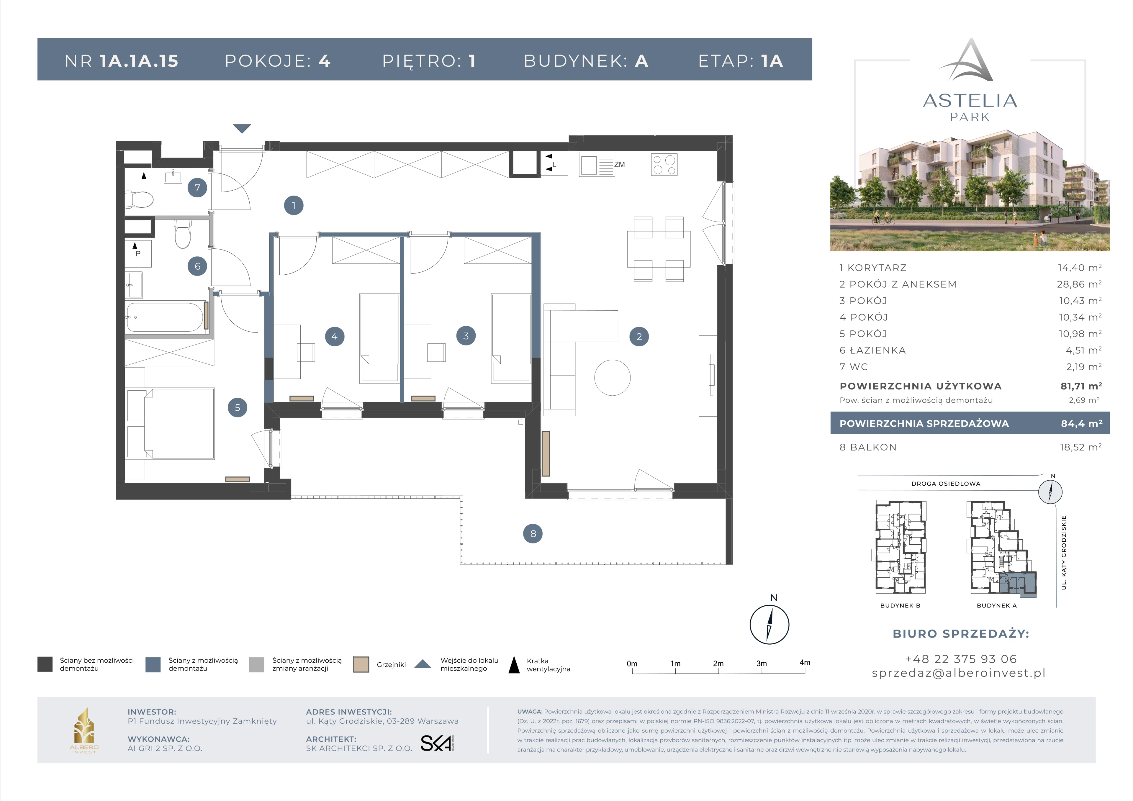 4 pokoje, mieszkanie 81,71 m², piętro 1, oferta nr 1A.1A.15, Astelia Park etap IA, Warszawa, Białołęka, Grodzisk, ul. Leona Berensona 