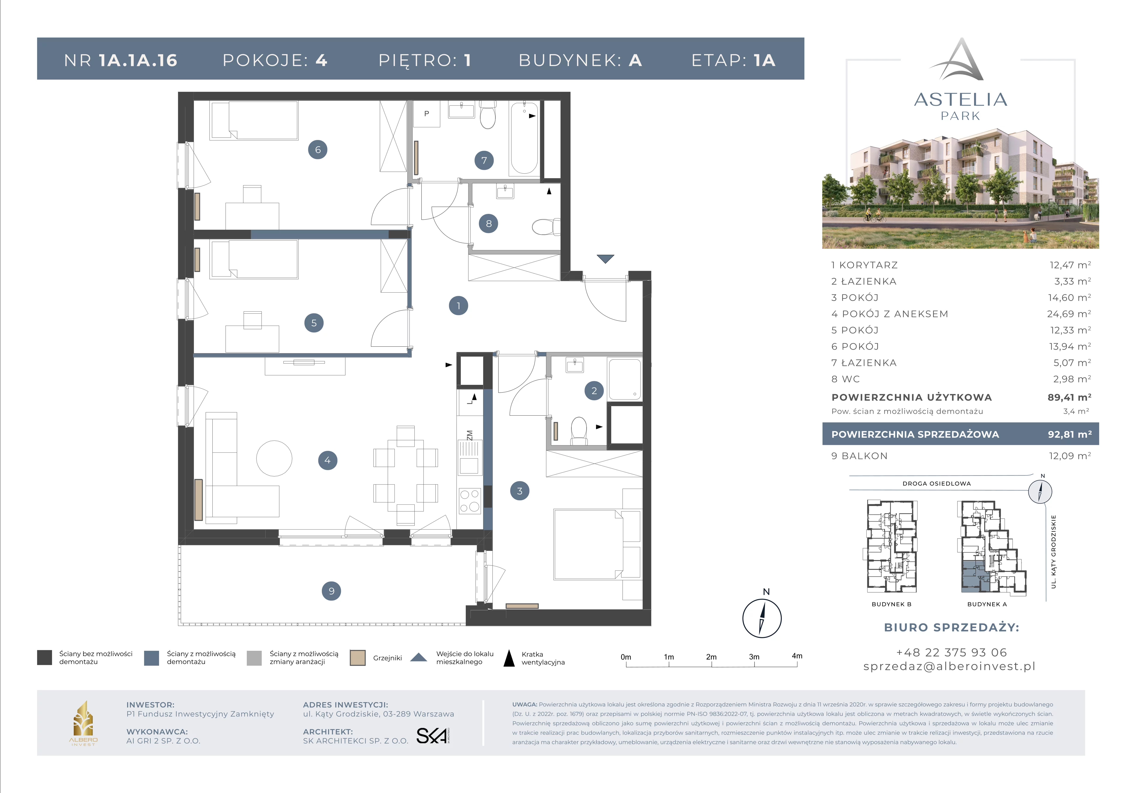 4 pokoje, mieszkanie 89,41 m², piętro 1, oferta nr 1A.1A.16, Astelia Park etap IA, Warszawa, Białołęka, Grodzisk, ul. Leona Berensona 